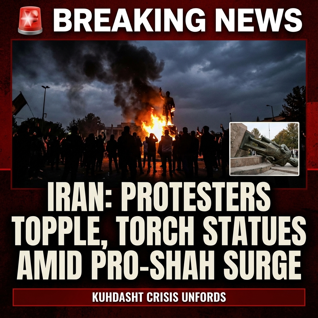 🚨BREAKING — IRAN: Kuhdasht protesters topple, torch regime statues amid pro-Shah surge
