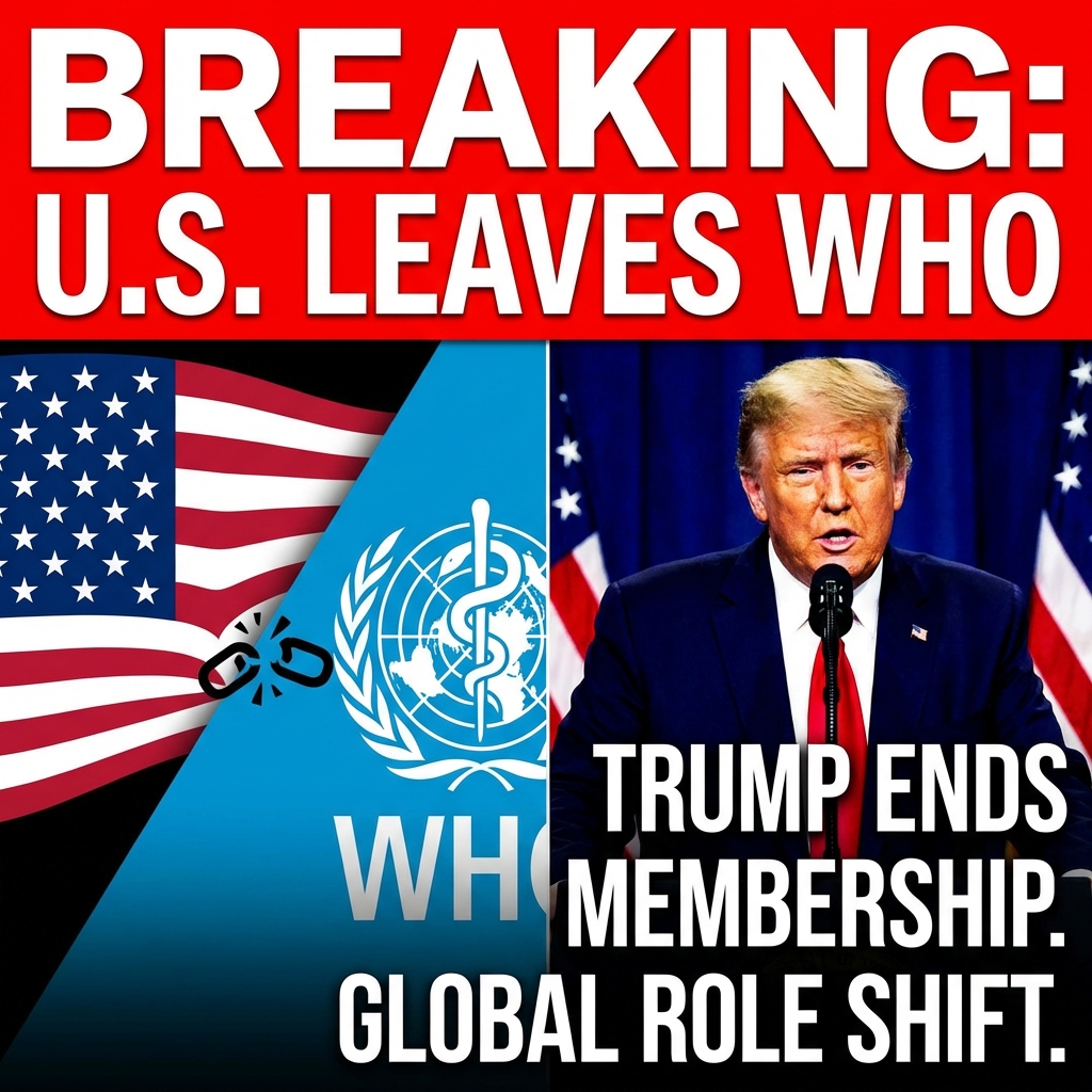 <p>U.S. Officially Leaves WHO — Trump Ends Membership, Redefines Global Health Role. (<a href="https://time.com/7357180/us-withdrawal-who-world-health-organization/?utm_source=openai">time.com</a>)</p>