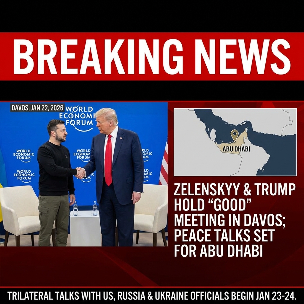 <p>Ukrainian President Volodymyr Zelenskyy and U.S. President Donald Trump held a “good” meeting on the sidelines of the World Economic Forum in Davos on Jan. 22, 2026, where Trump said Zelenskyy told him he wanted to negotiate and that “he should want to make a deal,” while also asserting both sides could be “reasonably close” to an agreement. (<a href="https://www.washingtonpost.com/world/2026/01/22/trump-zelensky-davos-ukraine-russia//?utm_source=openai">washingtonpost.com</a>) Zelenskyy announced that U.S., Russian and Ukrainian officials are scheduled to hold the first trilateral talks in Abu Dhabi on Jan. 23–24, with U.S. envoys Steve Witkoff and Jared Kushner flying to Moscow to meet President Vladimir Putin before proceeding to the UAE. (<a href="https://www.aljazeera.com/news/2026/1/22/russia-ukraine-peace-talks-down-to-one-issue-says-us-envoy-witkoff?utm_source=openai">aljazeera.com</a>) Witkoff told WEF audiences negotiators are down to “one issue” and that working groups will focus on military-to-military and possible limited “energy truce” arrangements, though Kyiv has warned any deal must respect Ukrainian law and public consent. (<a href="https://www.aljazeera.com/news/2026/1/22/russia-ukraine-peace-talks-down-to-one-issue-says-us-envoy-witkoff?utm_source=openai">aljazeera.com</a>) Zelenskyy urged Europe to do more and stressed Russia must be willing to compromise even as strikes on Ukrainian infrastructure continue, underscoring how fragile and tightly timed the emerging diplomacy remains. (<a href="https://www.theguardian.com/world/2026/jan/22/zelenskyy-accuses-eu-leaders-waiting-direction-donald-trump-greenland?utm_source=openai">theguardian.com</a>)</p>