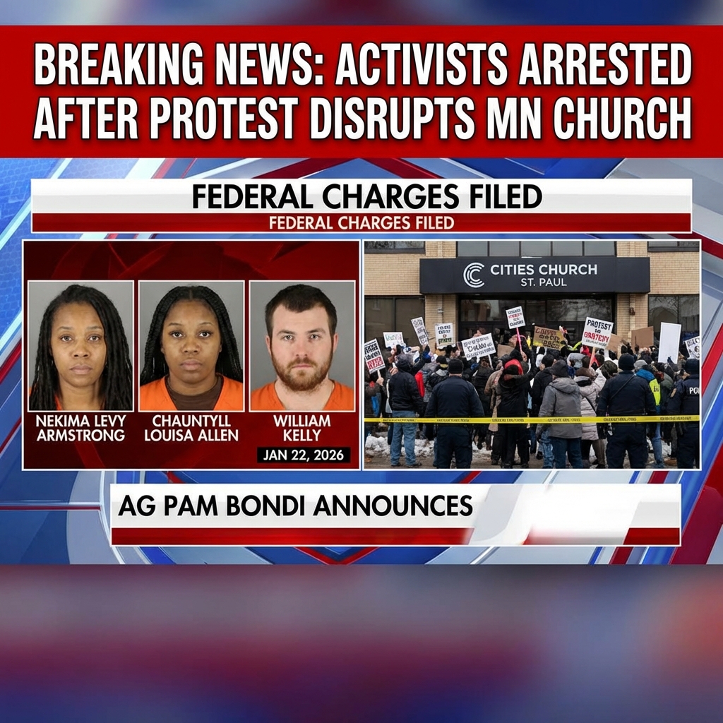 <p>Federal authorities released mugshots Thursday of Nekima Levy Armstrong, Chauntyll Louisa Allen and William Kelly after arresting them on January 22, 2026, for their roles in a January 18 anti‑ICE protest that stormed Cities Church in St. Paul, Minnesota. Attorney General Pam Bondi announced the arrests, citing 18 U.S.C. §241 (conspiracy against rights). The demonstration accused a pastor of ties to ICE and disrupted worship. Prosecutors briefly sought charges against journalist Don Lemon for his livestream coverage, but a magistrate declined to authorize a complaint. Civil‑rights groups condemned the arrests as violations of First Amendment protections and sparked nationwide political debate. </p>
<p>Sources: (<a href="https://apnews.com/article/ed084f5005187f58eabe0cc627d1862b?utm_source=openai">apnews.com</a>)</p>