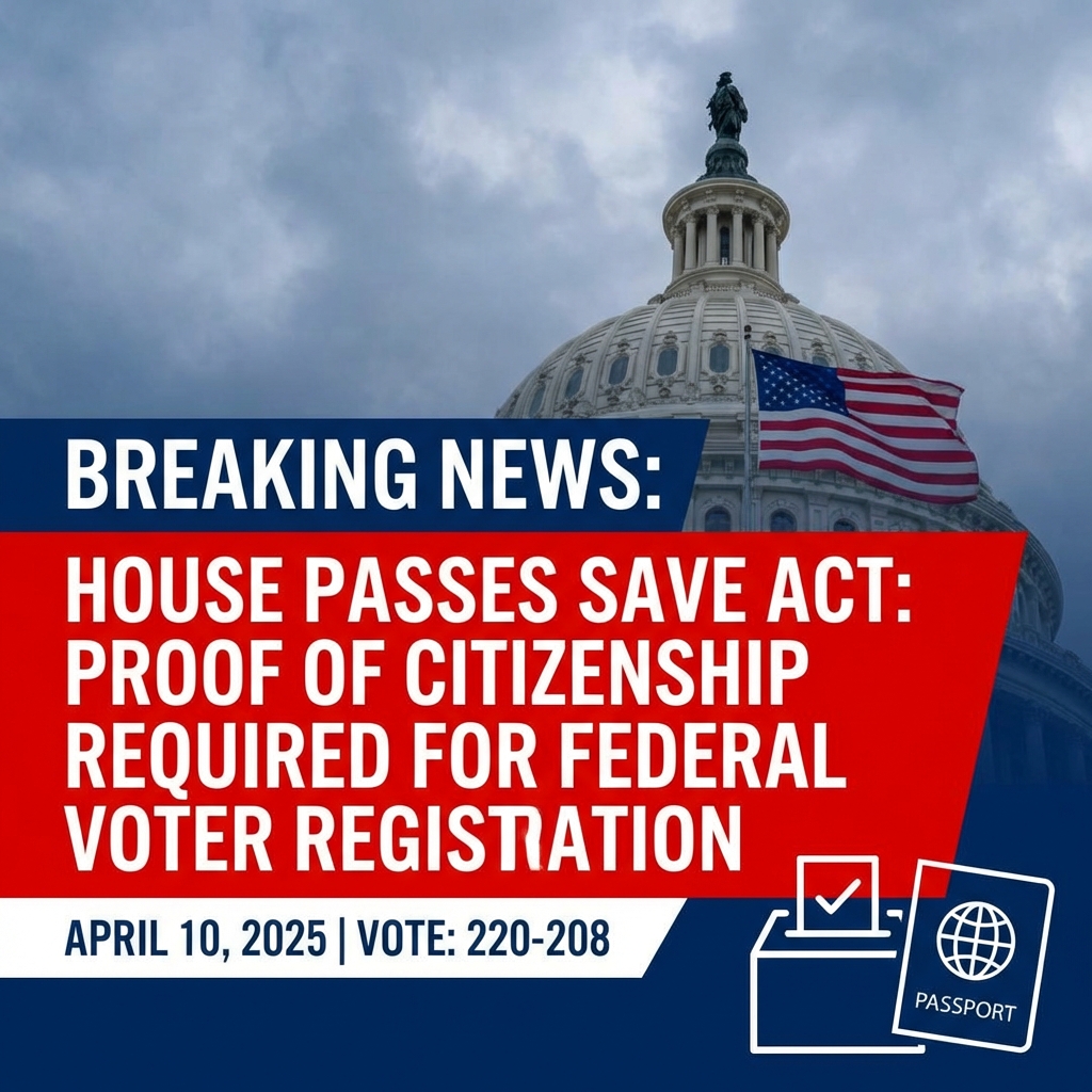 <p>The House passed the Safeguard American Voter Eligibility (SAVE) Act on April 10, 2025, requiring documentary proof of citizenship to register in federal elections. It cleared the House 220–208, with four Democrats joining all Republicans. Supporters say the SAVE Act prevents noncitizen voting and strengthens election security; critics warn it would disenfranchise millions, disproportionately affecting elderly, rural and transgender voters and communities of color. The bill would amend National Voter Registration Act, obligate states to collect passports or birth certificates, create procedures to remove noncitizens, expand access to federal immigration data, and impose federal penalties, raising implementation and legal concerns. (<a href="https://www.cbsnews.com/news/house-passes-save-act-proof-of-citizenship-voter-registration-federal-elections/?utm_source=openai">cbsnews.com</a>)</p>