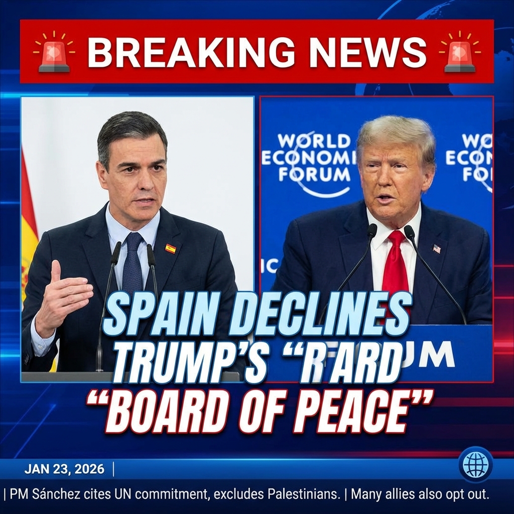 <p>On January 23, 2026, Spain officially declined U.S. President Donald Trump’s invitation to join the newly announced “Board of Peace.” (<a href="https://www.al-monitor.com/originals/2026/01/spain-will-not-join-trumps-board-peace-pm-says?utm_source=openai">al-monitor.com</a>) Prime Minister Pedro Sánchez said, “We appreciate the invitation, but we decline,” citing Spain’s commitment to multilateralism, international law and the United Nations and objecting that the body excludes Palestinian representation and sits outside UN frameworks. (<a href="https://www.aa.com.tr/en/europe/spain-declines-joining-trump-s-board-of-peace/3808917?utm_source=openai">aa.com.tr</a>) The U.S.-led board, unveiled at the World Economic Forum in Davos, is proposed to broker ceasefires, manage security arrangements and coordinate reconstruction—initially focused on Gaza. (<a href="https://www.theguardian.com/politics/2026/jan/22/uk-not-ready-sign-trump-board-of-peace-treaty-yvette-cooper?utm_source=openai">theguardian.com</a>) Many traditional allies, including Canada and most EU states, did not sign up. (<a href="https://www.al-monitor.com/originals/2026/01/spain-will-not-join-trumps-board-peace-pm-says?utm_source=openai">al-monitor.com</a>)</p>