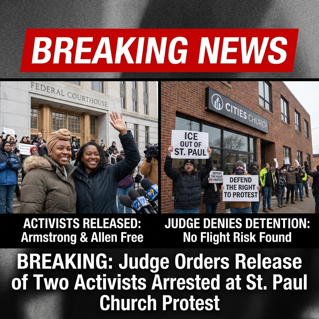 <p>On Jan. 23, 2026, a federal judge ordered the release of Nekima Levy Armstrong and Chauntyll Louisa Allen, two activists arrested by federal agents after a Jan. 18 protest that disrupted a service at Cities Church in St. Paul. Authorities had charged the protesters under statutes including the FACE Act and conspiracy-to-deprive-rights counts. The judge found prosecutors failed to show detention was warranted or that the defendants posed a flight risk. Video and legal filings, and statements from supporters and federal officials, have intensified political debate over protests targeting an ICE-linked pastor and the Justice Department’s response to religious-site disruptions. (<a href="https://www.theguardian.com/us-news/2026/jan/23/st-paul-ice-protest-women-released?utm_source=openai">theguardian.com</a>)</p>