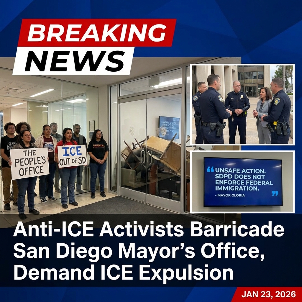 <p>On January 23, 2026, about six anti‑ICE activists barricaded themselves inside San Diego Mayor Todd Gloria’s office lobby, posting signs calling it “The People’s Office” and demanding a meeting to push the city to expel Immigration and Customs Enforcement. The group occupied the space since midmorning, barricaded glass doors to mayor’s suite, and chanted when a meeting was not granted. San Diego police and city staff were on scene; officers reportedly arrested some participants after City Hall closed. Mayor Gloria issued a statement calling the action unsafe and reiterated that San Diego police do not participate in federal immigration enforcement. (<a href="https://www.10news.com/news/local-news/group-barricades-inside-mayor-glorias-office-demands-meeting-over-ice?utm_source=openai">10news.com</a>)</p>