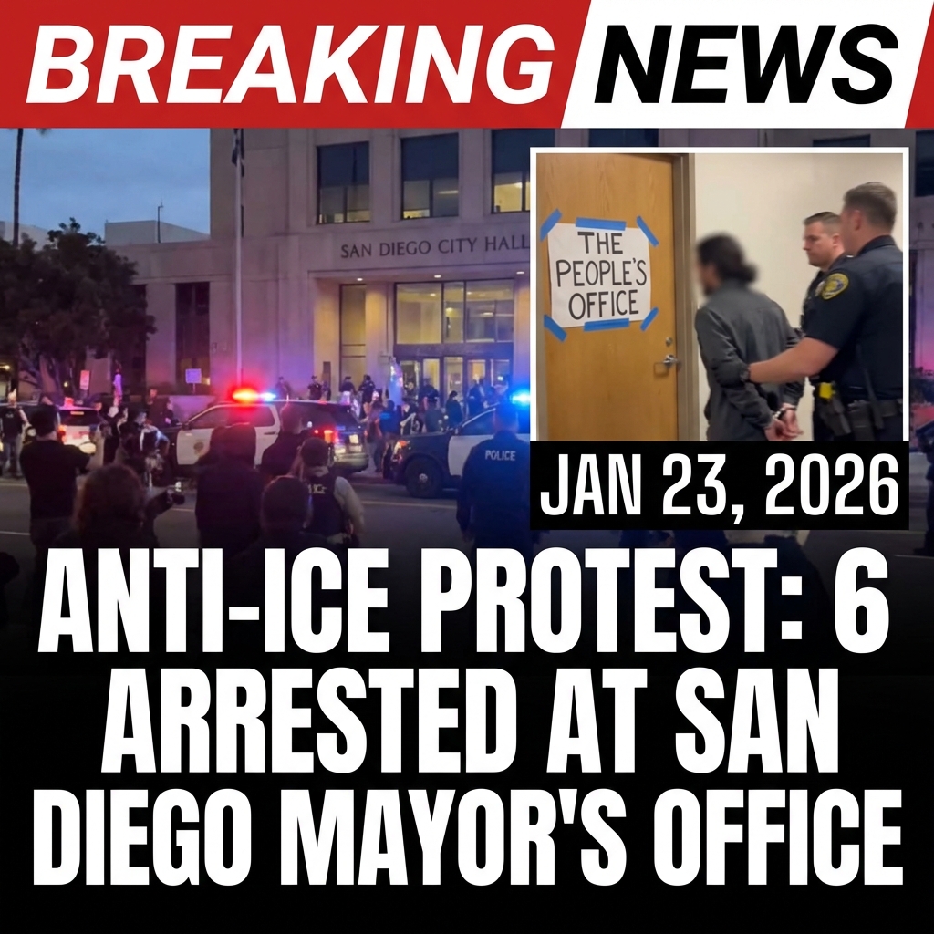 <p>On Jan. 23, 2026, six anti-ICE protesters barricaded themselves inside San Diego Mayor Todd Gloria’s office at City Hall, posting signs that labeled the space “The People’s Office” and demanding a meeting to press the mayor to remove ICE from the city and bar local police from assisting federal immigration operations. (<a href="https://www.10news.com/news/local-news/group-barricades-inside-mayor-glorias-office-demands-meeting-over-ice?utm_source=openai">10news.com</a>) Mayor Gloria called the sit‑in unacceptable, saying activists banged on doors, created a public‑safety hazard and would not be tolerated. (<a href="https://www.sandiego.gov/mayor/mayor-gloria-issues-statement-protest-city-hall?utm_source=openai">sandiego.gov</a>) San Diego police arrived after business hours, removed the barricade and arrested several protesters; the mayor reiterated the city’s policy against participating in federal immigration enforcement publicly. (<a href="https://www.nbcsandiego.com/news/local/anti-ice-protesters-occupy-san-diego-mayors-office/3965984/?utm_source=openai">nbcsandiego.com</a>)</p>