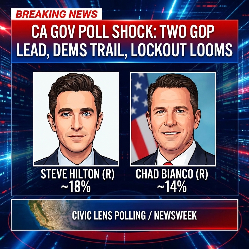 <p>New Civic Lens polling shows two Republicans atop California’s crowded 2026 governor race, raising the prospect of a GOP lockout under the state’s top-two primary. Former Fox host Steve Hilton leads at about 18 percent, with Riverside County Sheriff Chad Bianco roughly at 14 percent; Democrat Eric Swalwell and former Rep. Katie Porter trail in the low teens or single digits, and Tom Steyer polls under 10 percent. The survey of 400 likely primary voters was conducted Dec. 14–16 and found roughly 31 percent undecided, prompting caution about how volatile the field remains, and experts warn results could shift quickly. (<a href="https://www.newsweek.com/two-republicans-lead-race-to-be-next-california-governor-new-poll-11244823?utm_source=openai">newsweek.com</a>)</p>