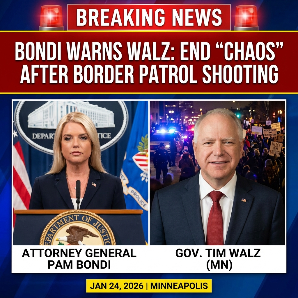 <p>Attorney General Pam Bondi sent a warning letter to Minnesota Governor Tim Walz on January 24, 2026, after a Border Patrol–involved shooting in Minneapolis left a man dead. Bondi urged Walz to back federal law enforcement and federal immigration policy, demanding Minnesota “bring an end to the chaos” amid protests and unrest following the fatal encounter. The letter criticized state and local leaders for policies Bondi said endangered agents and called for cooperation with federal officials during the ongoing enforcement operations. The episode has intensified tensions in Minneapolis and prompted broader calls for an independent, thorough investigation into the shooting. (<a href="https://www.foxnews.com/politics/read-it-bondi-sends-warning-letter-gov-walz-warning-minnesotas-immigration-policies-endanger-agents/">foxnews.com</a>)</p>