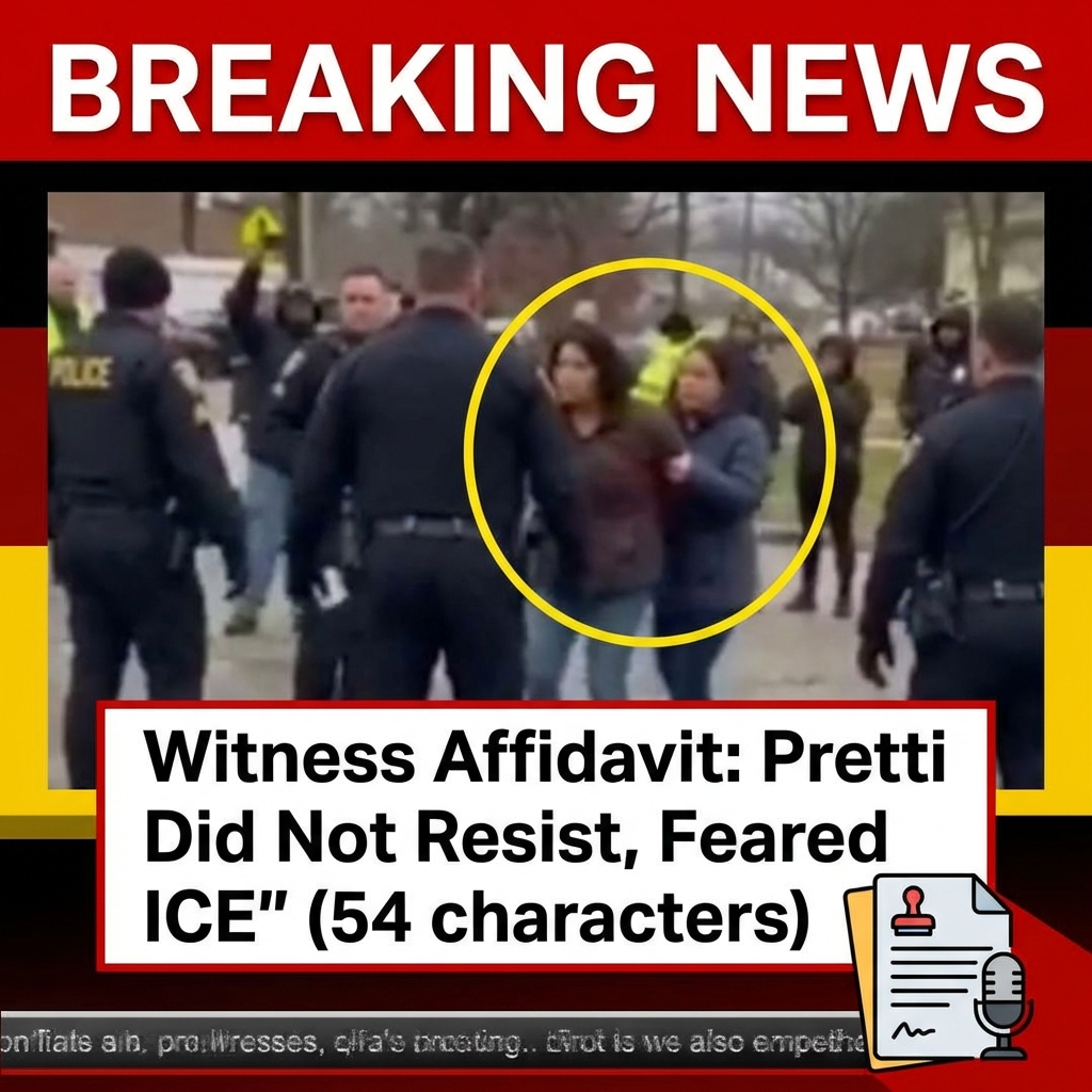 A witness who stood about five feet from Alex Pretti filed an affidavit saying she saw him refuse contact with officers and not resist. She stated Pretti did not touch any officers and appeared only to help a woman who had been pepper-sprayed. The affidavit describes the woman’s distress and the witness’s fear that Immigration and Customs Enforcement (ICE) would become involved. The witness said she is terrified ICE will act against those present. The filing is presented as breaking news and is accompanied by a circulated photo of the scene. Authorities have not yet commented on the affidavit publicly.