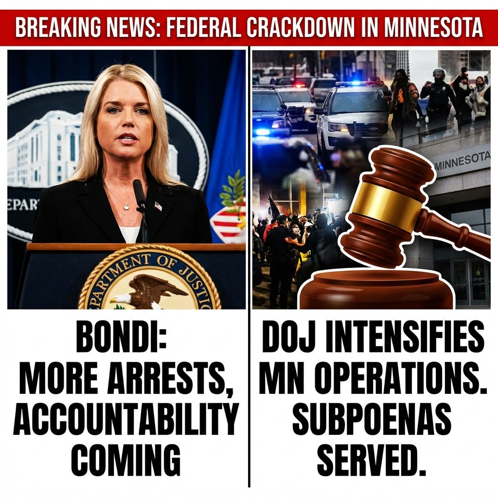 <p>Attorney General Pam Bondi warned that “more arrests are coming” and vowed “accountability is coming” as the Justice Department and federal law enforcement intensify operations in Minnesota after violent clashes during immigration enforcement actions. (<a href="https://www.the-independent.com/news/world/americas/ice-shooting-minneapolis-latest-updates-b2907013.html?utm_source=openai">the-independent.com</a>) Bondi said “the full weight of federal law enforcement is engaged” and cited arrests tied to an attack at Cities Church and the arrest of a man accused of assaulting an HSI agent. (<a href="https://www.breitbart.com/crime/2026/01/24/pam-bondi-tell-minnesota-democrats-accountability-is-coming/amp/?utm_source=openai">breitbart.com</a>) Federal grand‑jury subpoenas have been served to Gov. Tim Walz, AG Keith Ellison and Minneapolis Mayor Jacob Frey amid protests over an ICE officer’s fatal shooting, prompting heightened federal scrutiny and political backlash. (<a href="https://www.breitbart.com/crime/2026/01/24/pam-bondi-tell-minnesota-democrats-accountability-is-coming/amp/?utm_source=openai">breitbart.com</a>)</p>