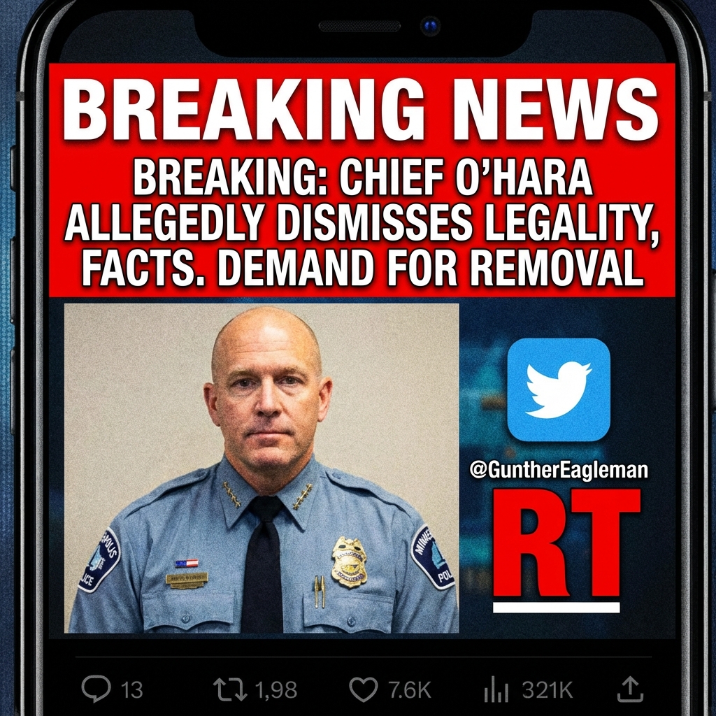 An RT by @GuntherEagleman brands as “BREAKING” an alleged comment from Minneapolis Police Chief Brian O’Hara: “Even if the investigation proves the shooting was legally justified, I don’t think that even matters!” The post frames O’Hara’s words as dismissing facts and legality, asserting only “leftist comrades” feelings count. The tweet condemns the chief and demands his removal. It presents the quote as decisive evidence of bias in Minneapolis policing and invites public outrage. No additional context about the shooting, investigation status, or source verification is provided in the RT, which mixes reported speech with partisan interpretation, and demands scrutiny immediately.