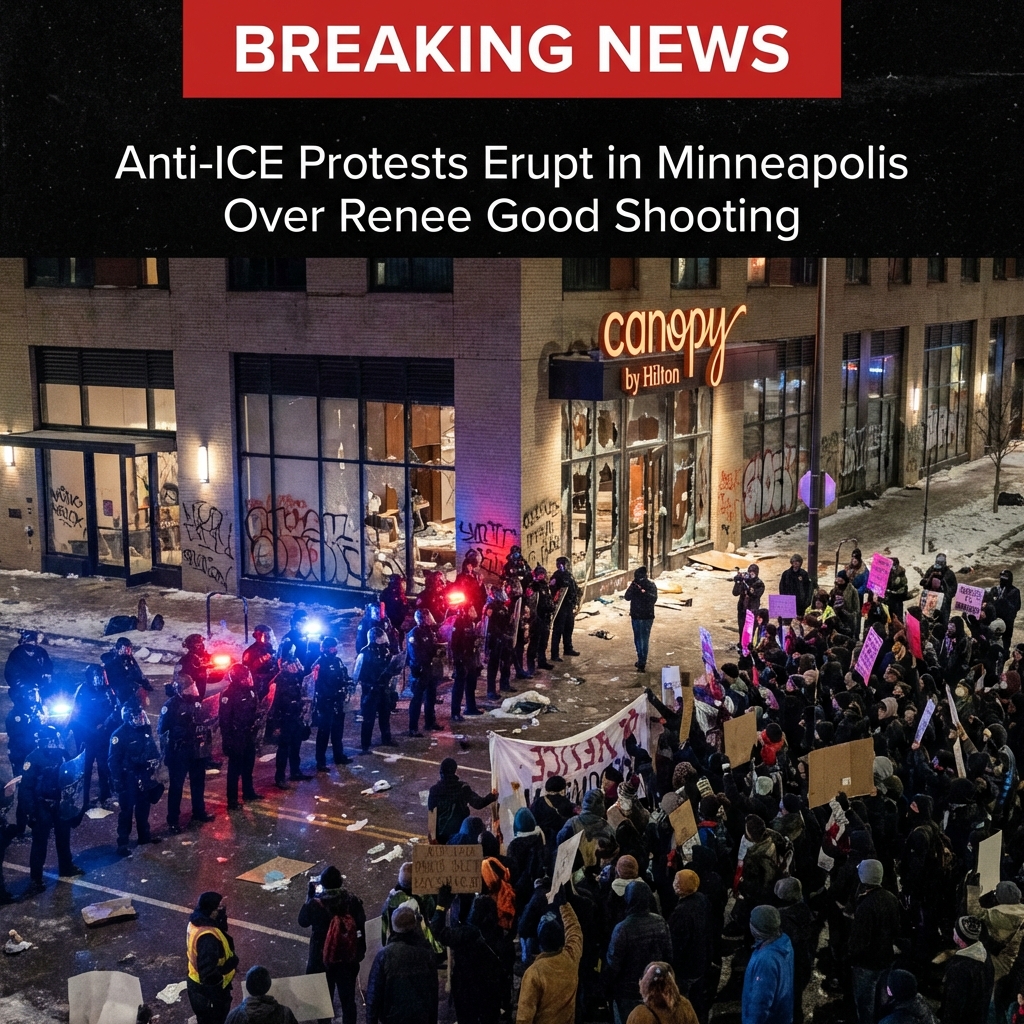 <p>On January 9, 2026, hundreds of anti‑ICE protesters converged on the Canopy by Hilton in downtown Minneapolis after the January 7, 2026, fatal shooting of Renee Nicole Good by an ICE agent. Demonstrators shattered windows, sprayed graffiti, forced entry through a side alley at times, and marched to nearby hotels, causing property damage including broken windows and graffiti at the Depot Renaissance. Police and state troopers declared an unlawful assembly, used large numbers of officers to disperse crowds, and detained 30 people (most released). The unrest is part of wider protests as the FBI and local authorities investigate Good’s killing. (<a href="https://www.newsweek.com/hundreds-ice-protesters-storm-minneapolis-hilton-hotel-11339672">newsweek.com</a>)</p>