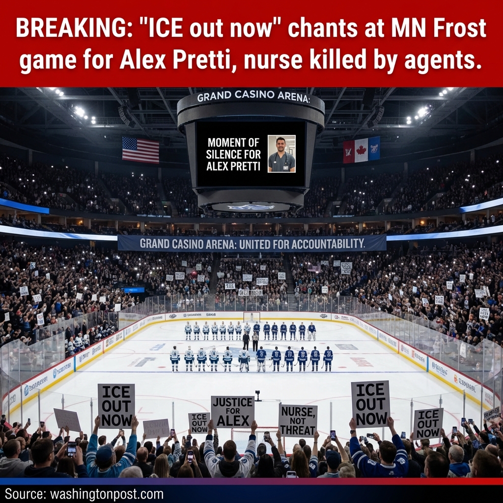 <p>At a Minnesota Frost–New York Sirens game at Grand Casino Arena, fans observed a moment of silence for Alex Pretti before puck drop and chanted “ICE out now,” signaling protest support. Pretti, a 37‑year‑old ICU nurse, was fatally shot by federal immigration agents in Minneapolis on Jan. 24 during an enforcement operation. DHS says he approached officers armed and resisted; bystander videos and family say he held only a phone and was trying to help a woman. The killing has prompted vigils, widespread protests and calls for investigations, deepening tensions over federal immigration enforcement and spurred national debate over accountability.</p>
<p>Sources: (<a href="https://www.washingtonpost.com/sports/2026/01/25/sirens-frost-score/afa68884-fa41-11f0-954b-b80c7ed67fc7_story.html/?utm_source=openai">washingtonpost.com</a>)</p>