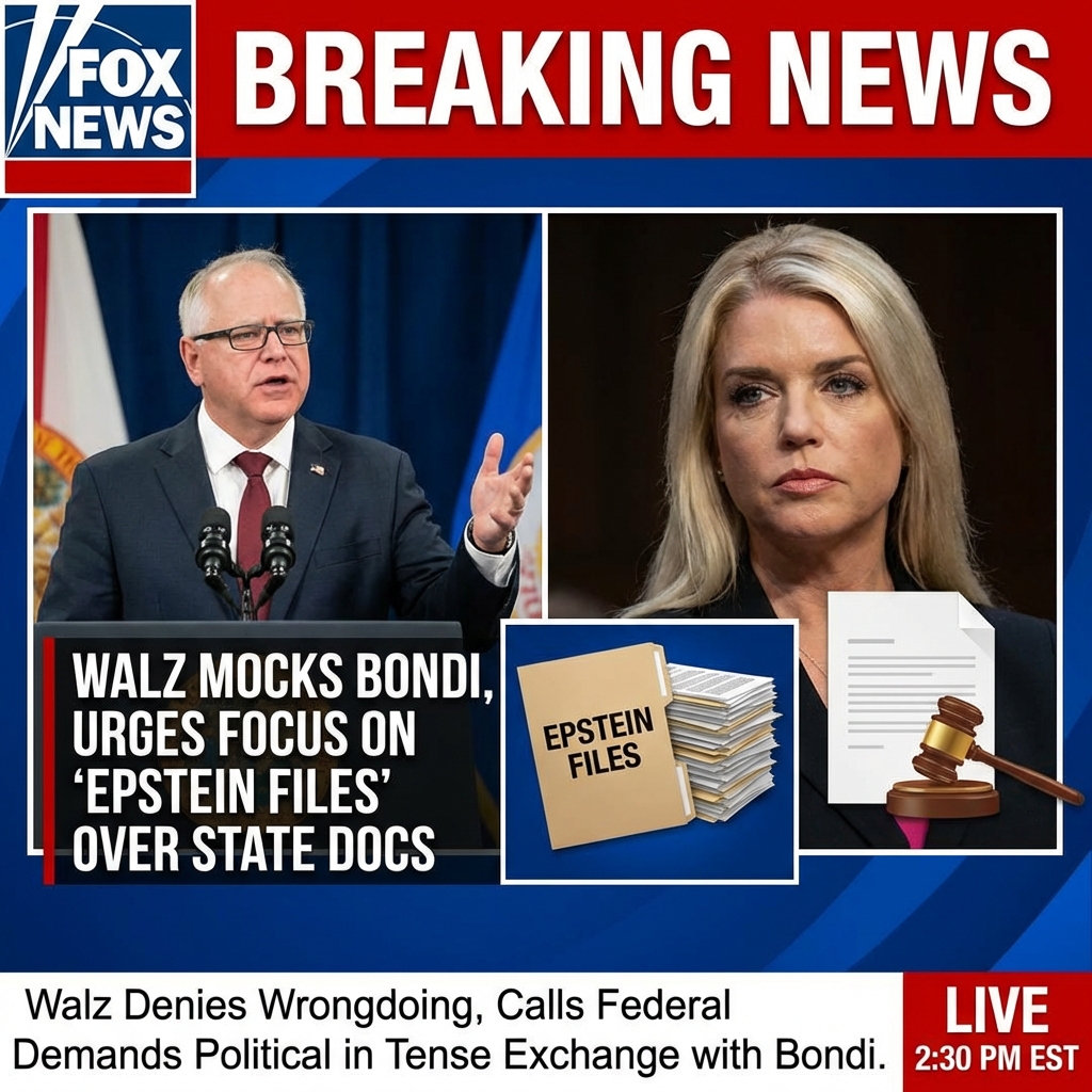 <p>At a recent press conference Minnesota Governor Tim Walz mocked Attorney General Pam Bondi’s letter demanding state documents, urging Bondi instead to pursue “two million documents in the Epstein files” he said remain unreleased. Bondi’s letter had pressed Walz to restore “the rule of law” and hand over welfare- and election-related records amid a federal immigration-agent shooting and disclosure of an alleged $9 billion fraud scheme. Walz denied wrongdoing, called the federal demands political, said Minnesota has cooperated, and accused the Justice Department of targeting the state. The exchange highlights national controversy over Epstein files and federal oversight of Minnesota. (<a href="https://www.newsweek.com/tim-walz-responds-falsehoods-pam-bondi-letter-11415144?utm_source=openai">newsweek.com</a>)</p>