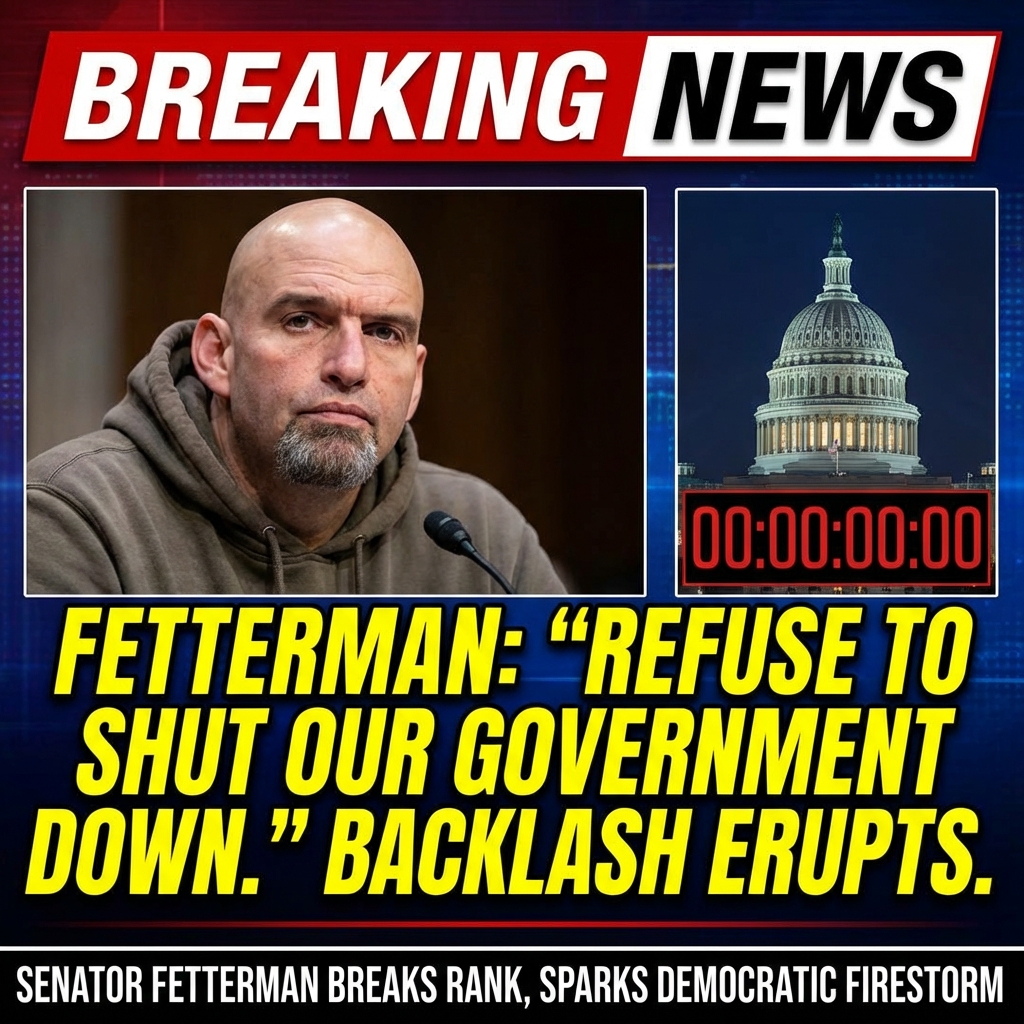 Breaking: Senator John Fetterman stunned the Democratic Party by declaring he’s the only Democrat willing to keep the government open, insisting, “I remain the one Democrat that refuses to shut our Government down. Our military won’t be paid.” Fetterman framed his stance as a refusal to permit a shutdown that would withhold military pay, positioning himself against colleagues who may support funding standoffs. His announcement triggered fierce backlash from liberal activists and Democratic lawmakers, who accused him of grandstanding and undermining party unity. The development raises immediate questions about Senate strategy and the prospects for averting a government shutdown now.