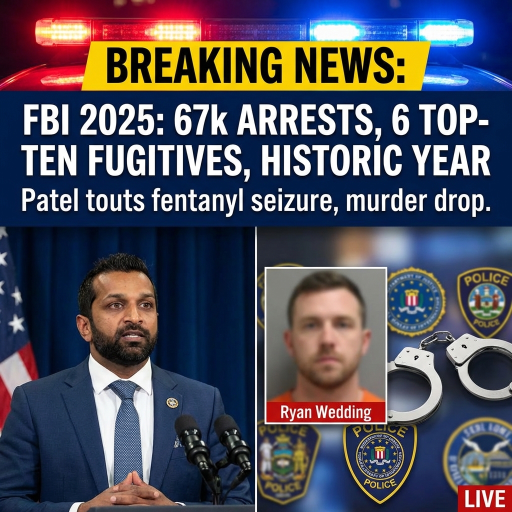 <p>On January 23, 2026, FBI Director Kash Patel announced at Ontario International Airport that the FBI’s 2025 performance was “historic,” citing the arrest of ex‑Olympian Ryan Wedding — added to the FBI Ten Most Wanted in March 2025 — and saying six Top‑Ten fugitives were captured in one year. (<a href="https://www.reutersconnect.com/item/canadian-ex-olympian-turned-alleged-drug-kingpin-arrested-in-mexico-to-face-us-charges/dGFnOnJldXRlcnMuY29tLDIwMjY6bmV3c21sX1ZBOTM4MTIzMDEyMDI2UlAx?utm_source=openai">reutersconnect.com</a>)</p>
<p>Patel and FBI figures credited 67,000 arrests in 2025, roughly 2,000 kilos of fentanyl seized (described as enough to kill about 100 million people), 6,000 missing children located, and a claimed 20% drop in the murder rate, which officials attributed to priorities under President Trump. (<a href="https://www.breitbart.com/politics/2026/01/21/exclusive-fbi-arrests-surged-nearly-200-percent-in-2025/?utm_source=openai">breitbart.com</a>)</p>
<p>The numbers drew widespread media coverage and scrutiny. (<a href="https://www.theguardian.com/world/2026/jan/23/ryan-wedding-arrested?utm_source=openai">theguardian.com</a>)</p>