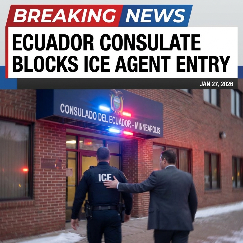 <p>Ecuador’s foreign ministry says an ICE agent tried to enter its Minneapolis consulate on January 27, 2026, but consular staff blocked the officer and activated emergency protocols to protect Ecuadorians inside. A social-media video shows a staffer rebuffing the agent as he warned he would “grab” the worker if touched. Quito filed a formal diplomatic protest with the U.S. embassy. The ministry demanded such attempts stop. The episode unfolded amid a large federal immigration surge in Minneapolis and recent fatal encounters involving federal agents. ICE and DHS had no immediate comment, and Ecuador urged protections for its consular premises firmly. (<a href="https://www.wdio.com/ap-top-news/ap-top-news-us-headlines-ap-top-news/ice-agent-rebuffed-after-attempting-to-enter-ecuadorian-consulate-in-minneapolis/?utm_source=openai">wdio.com</a>)</p>