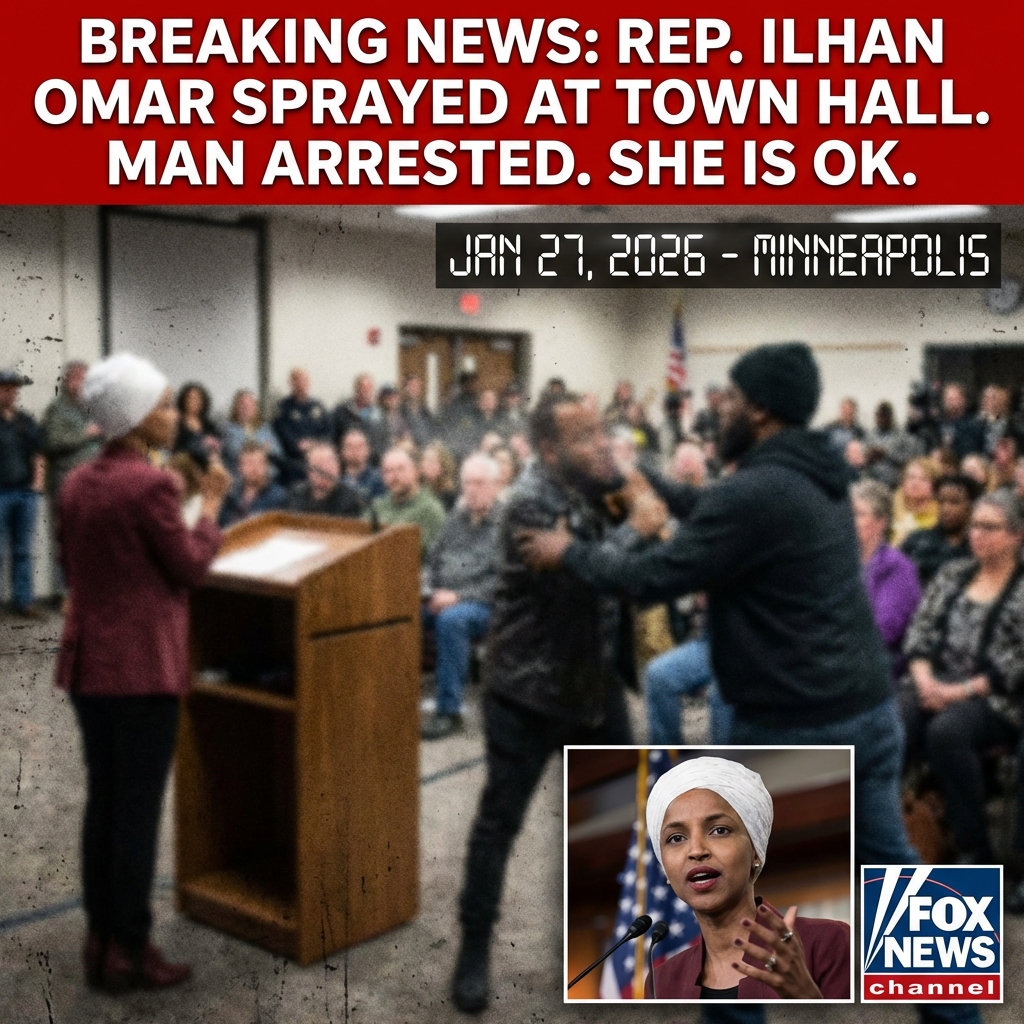 <p>On January 27, 2026, Rep. Ilhan Omar was sprayed with an unknown liquid during a Minneapolis town hall after she urged abolition of ICE and called for Homeland Security Secretary Kristi Noem’s resignation. Video shows a man rush the lectern and use a syringe to spray a dark, vinegar‑smelling substance; security subdued and Minneapolis police arrested him on third‑degree assault charges. Omar, who was checked by medical staff, continued the meeting and said she was OK. The attack, captured publicly, prompted bipartisan condemnation and renewed concern about violent threats against lawmakers amid heated political rhetoric, and calls for accountability now. (<a href="https://www.aljazeera.com/news/2026/1/28/minnesota-representative-ilhan-omar-attacked-during-town-hall-meeting?utm_source=openai">aljazeera.com</a>)</p>