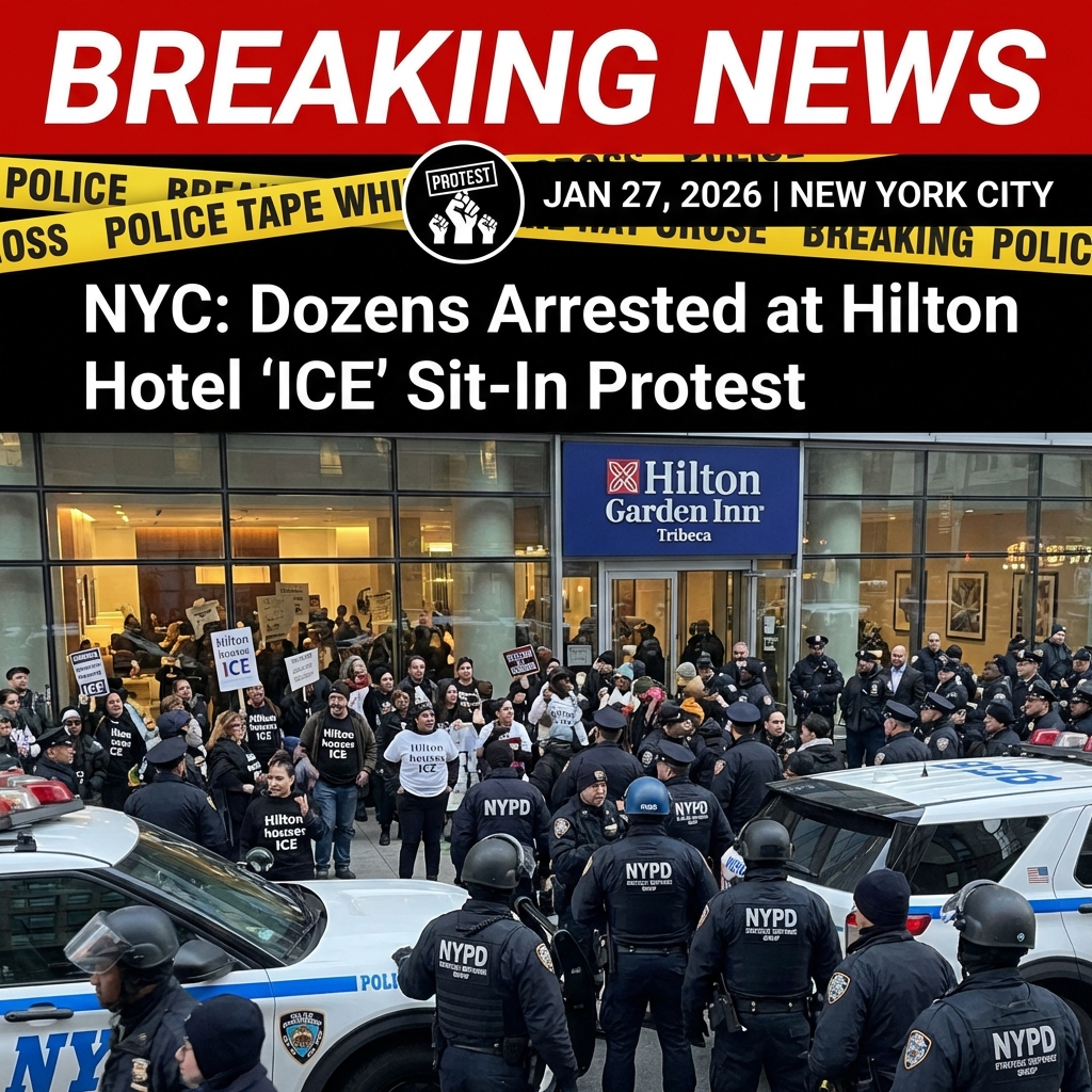 <p>On January 27, 2026, more than 100 New Yorkers staged a sit‑in occupying the lobby of the Hilton Garden Inn in Tribeca, accusing the hotel of housing ICE agents and demanding it stop accommodating federal immigration officers. (<a href="https://apnews.com/article/eae099c947774131d7560a05abd2e851?utm_source=openai">apnews.com</a>) Protesters chanted, wore “Hilton houses ICE” shirts and refused police orders to disperse, prompting the NYPD’s Strategic Response Group to arrest dozens — reports cite about 65 people taken into custody. (<a href="https://www.amny.com/police-fire/anti-ice-protesters-arrested-hilton-protest-manhattan/?utm_source=openai">amny.com</a>) Hilton and federal authorities declined to confirm whether agents were staying at the site. (<a href="https://abcnews.go.com/US/wireStory/dozens-protesters-arrested-hotel-manhattan-sit-immigration-crackdown-129621065?utm_source=openai">abcnews.go.com</a>) The action follows nationwide outrage over recent federal immigration operations and deadly encounters in Minneapolis, fueling similar demonstrations in cities. (<a href="https://www.theguardian.com/us-news/2026/jan/26/minnesota-minneapolis-ice-hotel-protests?utm_source=openai">theguardian.com</a>)</p>