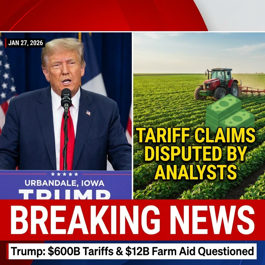 <p>On January 27, 2026, during a campaign stop in Urbandale, Iowa, President Trump declared, “We’ve taken in $600 billion in tariffs,” and added, “I gave the farmers $12 billion last week,” presenting the payments as funded by tariff receipts. He repeated the $600 billion figure on Truth Social and defended tariffs as vital to U.S. financial strength and national security. Reporters and analysts immediately questioned the math: government tariff revenue is far lower, and reporting shows the recent $12 billion in farm aid was disbursed through other federal programs and appropriations, not directly from tariff receipts, and drew mixed reactions. (<a href="https://www.kcci.com/article/trump-stops-at-machine-shed-urbandale/70164884?utm_source=openai">kcci.com</a>)</p>