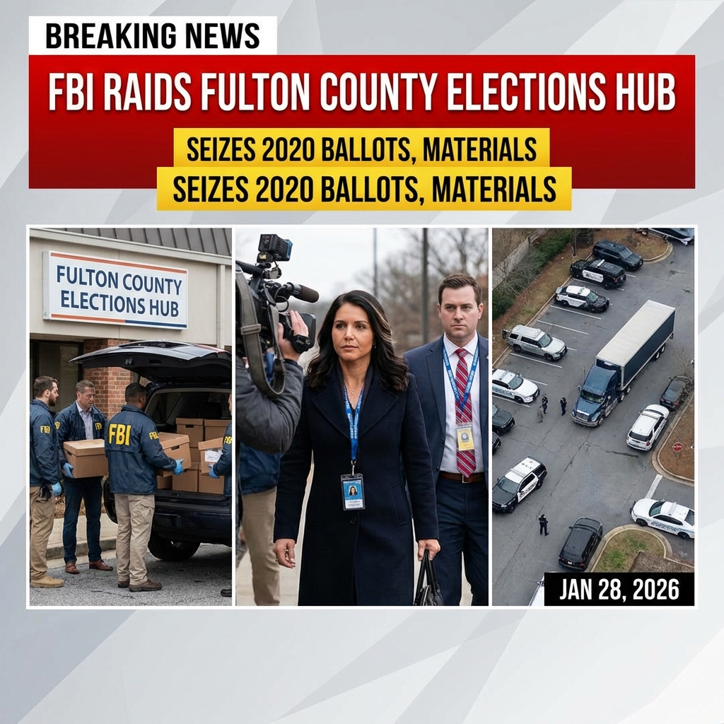 <p>On January 28, 2026, FBI agents executed a court‑authorized search at the Fulton County Elections Hub in Union City, Georgia, seizing 2020 ballots, tabulator tapes, electronic ballot images and voter rolls as part of an investigation into the 2020 election. (<a href="https://apnews.com/article/28e736037521b17197760d2394f0ab43">apnews.com</a>) Associated Press and other outlets published photos showing agents loading boxes onto trucks and reported that Director of National Intelligence Tulsi Gabbard and FBI Co‑Deputy Director Andrew Bailey were seen onsite. (<a href="https://apnews.com/article/28e736037521b17197760d2394f0ab43">apnews.com</a>) County officials warned about chain‑of‑custody and transparency, noting the action follows renewed scrutiny tied to President Trump’s repeated, unproven 2020 fraud claims; the investigation remains active and questions persist. (<a href="https://www.wsbtv.com/news/local/fulton-county/2020-ballots-may-no-longer-be-secure-after-fbi-raid-fulton-county-chairman-says/3PRTCRC3NNFWZOPPJ66RZCIVCA/?utm_source=openai">wsbtv.com</a>)</p>