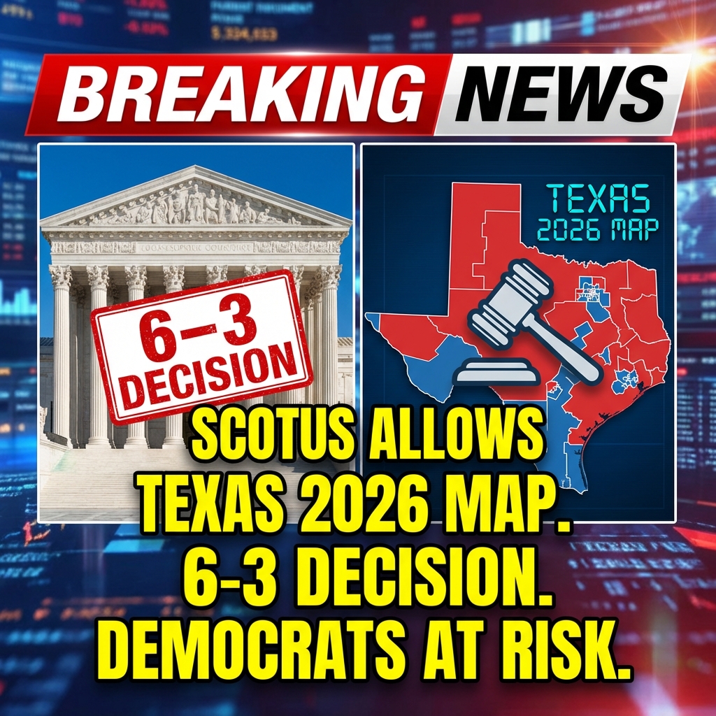<p>Today the U.S. Supreme Court, in a 6–3 decision, allowed Texas’s controversial 2026 congressional map to stand for the 2026 elections, staying a lower court’s order that had blocked the map as a likely racial gerrymander. The map, drawn in 2025 and signed by Gov. Greg Abbott, is engineered to net Republicans five additional House seats and reshape several urban districts. The ruling clears the way for the new lines to be used while litigation continues, putting vulnerable Democrats — including Reps. Jasmine Crockett and Al Green — at risk of losing their seats. The three liberal justices dissented strongly. (<a href="https://www.washingtonpost.com/politics/2025/12/04/supreme-court-redistricting-texas-trump/038a2fd2-d166-11f0-92cb-561ee4e6a771_story.html?utm_source=openai">washingtonpost.com</a>)</p>