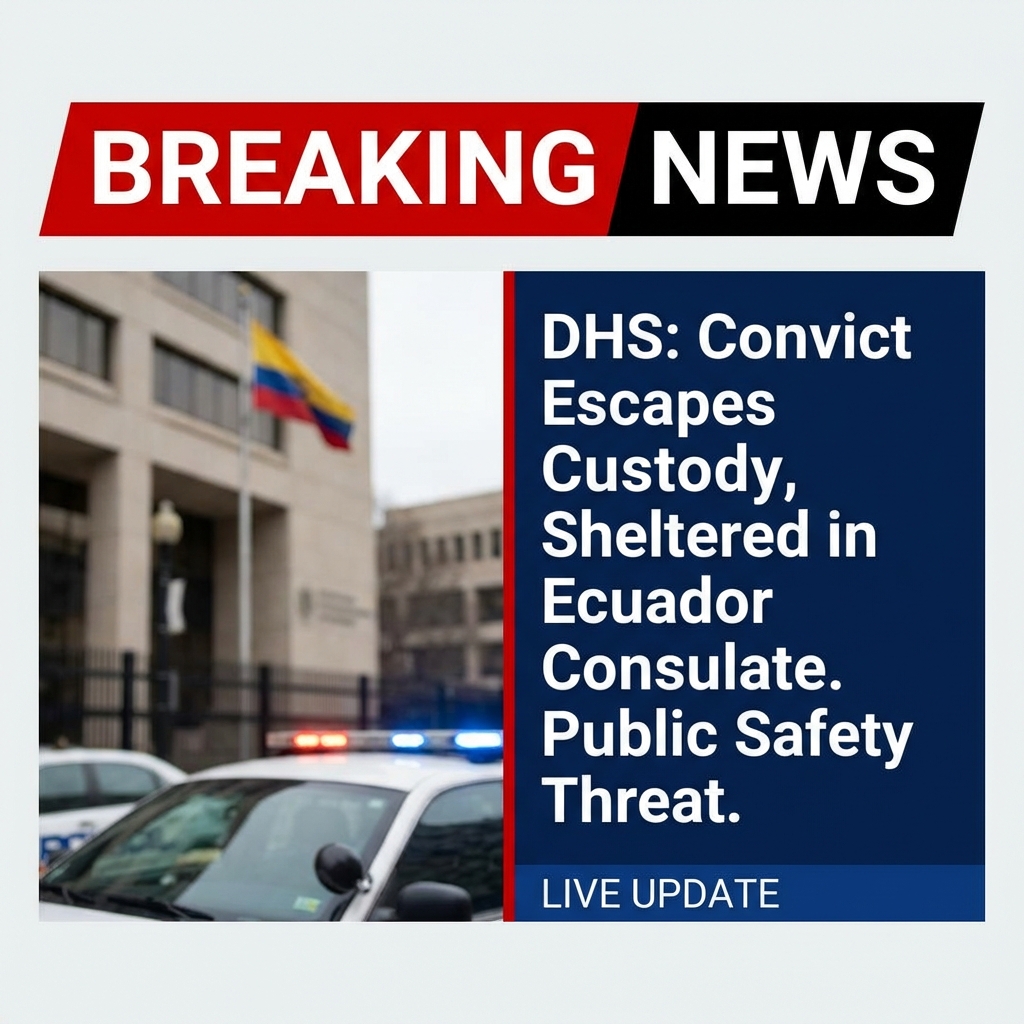 DHS says an undocumented Ecuadorian man with prior sexual‑assault convictions escaped custody two days ago and ran into Ecuador’s consulate, where consulate staff allegedly sheltered him. DHS alleges ICE was present at the consulate during the incident and that the individual remains at large, posing a public‑safety threat. The department says it is investigating and coordinating with local and federal partners. Critics and some officials have demanded the consulate be shut down for allegedly shielding a dangerous suspect; Ecuador’s government and the consulate have not issued a public response. Authorities say updates will be provided as the investigation continues soon.