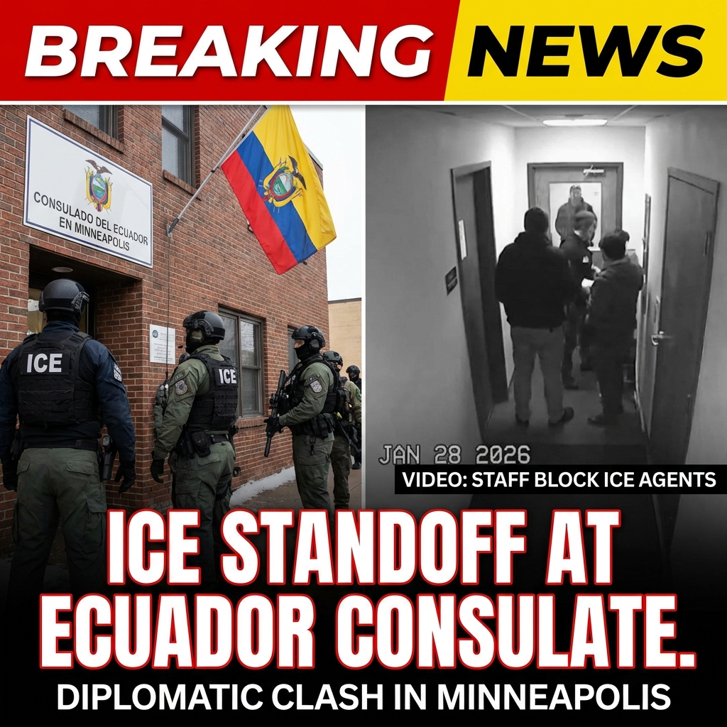 <p>U.S. Immigration and Customs Enforcement officers in Minneapolis tried to pursue a man with a criminal history who fled into the Ecuadorian consulate, but consulate staff physically blocked agents from entering. Ecuador’s foreign ministry called the incident an “attempted incursion,” released video showing the confrontation, and lodged a formal diplomatic protest with the U.S. embassy in Quito. ICE said officers were conducting a targeted enforcement operation and were focused on public safety; it denied entering the consulate. The episode, amid a large ICE deployment in Minneapolis, has drawn criticism and raised legal and diplomatic concerns, and the suspect remains at-large. (<a href="https://www.theguardian.com/us-news/2026/jan/28/ice-ecuador-consulate-minneapolis?utm_source=openai">theguardian.com</a>)</p>