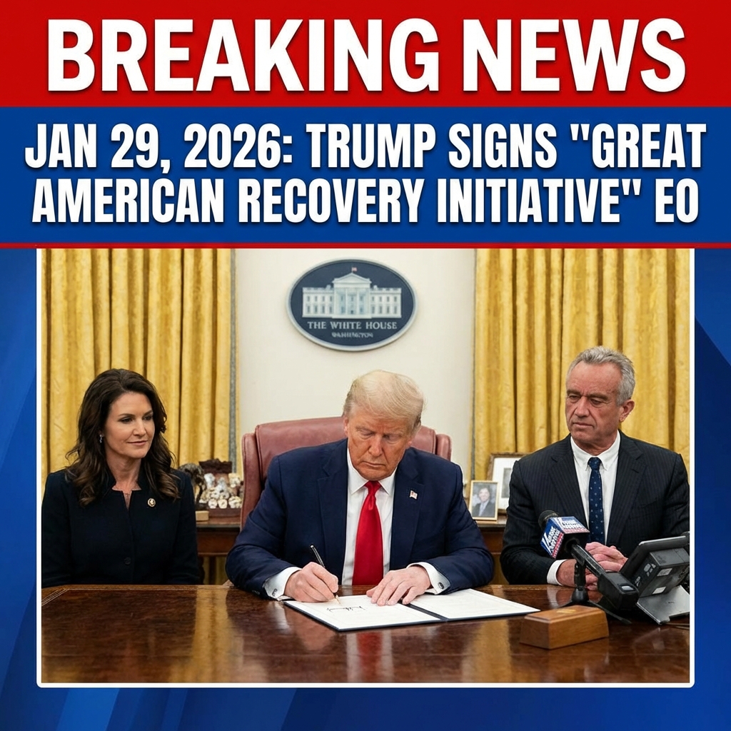 <p>On January 29, 2026, President Donald Trump signed an executive order creating the “Great American Recovery Initiative” to prioritize addiction and substance‑abuse policy, aiming to coordinate federal prevention, treatment, recovery support and grant alignment across agencies. (<a href="https://www.reutersconnect.com/item/us-president-trump-signs-great-american-recovery-initiative-executive-order-at-the-white-house/dGFnOnJldXRlcnMuY29tLDIwMjY6bmV3c21sX1JDMjlCSkFRWjYyTA?utm_source=openai">reutersconnect.com</a>) Flanked by Health and Human Services Secretary Robert F. Kennedy Jr. and addiction advocate Kathryn Burgum, Trump said drug and alcohol misuse kills an estimated 300,000 Americans annually and promised new goals and data‑driven coordination. (<a href="https://www.reutersconnect.com/item/us-president-donald-trump-signs-an-executive-order-at-the-white-house/dGFnOnJldXRlcnMuY29tLDIwMjY6bmV3c21sX1JDMjlCSkFJVDBYTQ?utm_source=openai">reutersconnect.com</a>) The initiative will advise agencies, consult state and community partners, and set measurable targets to expand access to evidence‑based care, early intervention and reentry support, the White House said. (<a href="https://apnews.com/article/02eb5577bb4ff15679582fbc675e18be?utm_source=openai">apnews.com</a>)</p>