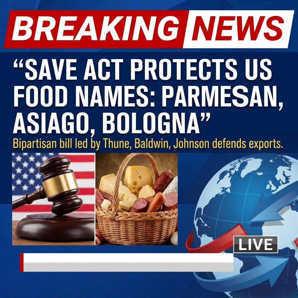 <p>Breaking: A bipartisan Safeguarding American Value‑Added Exports (SAVE) Act, led in the Senate by Sen. John Thune and Sen. Tammy Baldwin and in the House by Rep. Dusty Johnson, aims to protect U.S. food producers’ right to use common names like “parmesan,” “asiago,” and “bologna.” The bill would amend the Agricultural Trade Act to define “common names” and label foreign restrictions of those names as unfair trade practices, directing USDA and the U.S. Trade Representative to defend market access and negotiate protections abroad. Dairy and agricultural groups endorse the measure as key to preserving exports and countering EU geographic‑indication barriers. (<a href="https://www.thune.senate.gov/public/index.cfm/2023/5/thune-johnson-lead-bipartisan-bill-to-protect-u-s-agriculture-exports?utm_source=openai">thune.senate.gov</a>)</p>