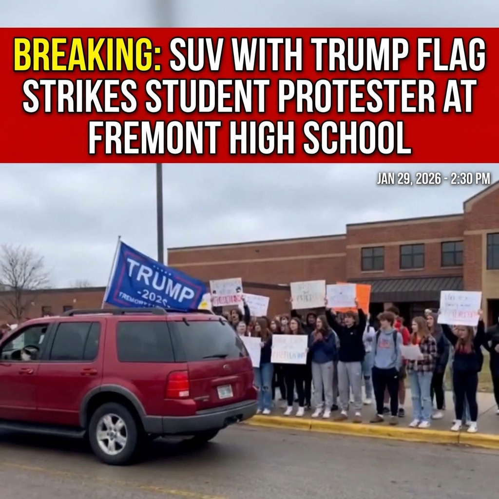 <p>During a student-led, non-school anti-ICE protest at Fremont High School in Fremont, Nebraska, on January 29, 2026, a red SUV displaying a Trump flag struck a student around 2:30 p.m. Video shows the driver revving, accelerating into the crowd, hitting the protester and briefly stopping before fleeing. The injured student was taken to a hospital; officials said she was alert while being treated. Fremont police opened an investigation and had not identified the driver. School leaders and state officials condemned the incident and called for accountability as the community awaited updates. Authorities urged anyone with video to come forward immediately. (<a href="https://central.newschannelnebraska.com/story/53414270/protester-struck-by-suv-displaying-trump-flag-at-fremont-high-school?utm_source=openai">central.newschannelnebraska.com</a>)</p>