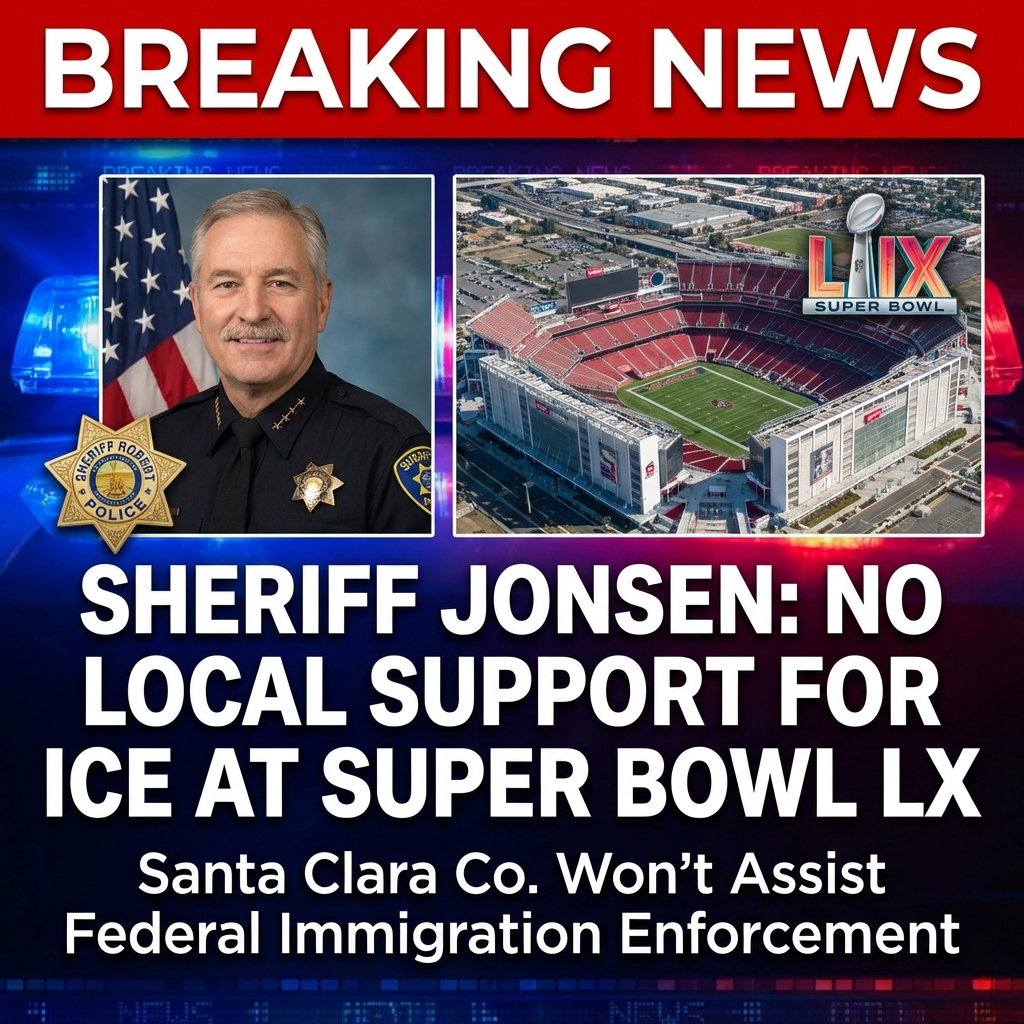 <p>Santa Clara County Sheriff Robert (Bob) Jonsen announced he will not change local policies or assist U.S. Immigration and Customs Enforcement with immigration enforcement around Super Bowl LX at Levi’s Stadium on February 8, 2026, saying, “We are not going to change our policies or protocols. We will not be working or supporting ICE.” (<a href="https://www.foxnews.com/sports/california-sheriff-refuses-support-ice-operations-around-super-bowl-lx.amp?utm_source=openai">foxnews.com</a>) He urged federal partners to communicate plans with local officials while assuring residents local deputies will patrol transit and event areas for public safety. (<a href="https://sheriff.santaclaracounty.gov/no-advance-notice-no-notifications-sheriffs-office-clarifies-ice-interaction-county-jail?utm_source=openai">sheriff.santaclaracounty.gov</a>) The Department of Homeland Security declined to confirm ICE’s role, prompting concerns after recent federal immigration operations elsewhere, sparking widespread debate nationwide. (<a href="https://www.sfchronicle.com/politics/article/super-bowl-ice-21320971.php?utm_source=openai">sfchronicle.com</a>)</p>