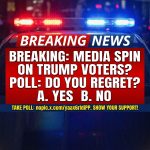 Breaking: media outlets are reportedly pushing a narrative that Trump supporters view his Cabinet picks as “too extreme” and that many now regret voting for him. The post challenges that framing, urging supporters to respond to an online poll: “Do you regret voting for President Trump?” with options A. Yes and B. No, and links to nopic.x.com/yaax6rldiPP. It accuses journalists of misrepresenting grassroots views and demands immediate clarification. The message frames the claim as media spin intended to alienate voters, encourages readers to ignore the narrative and to participate in the poll to demonstrate continued support and share with others.
