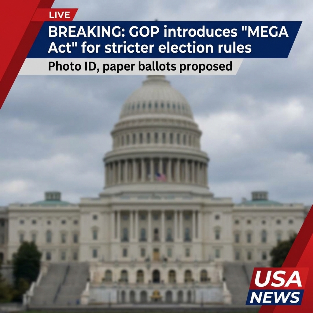 House Republicans introduced the “Make Elections Great Again” (MEGA) Act, a proposal that would overhaul federal voting rules. The bill would require voters to present photo identification at the polls, mandate citizenship verification to register, and obligate states to use paper ballots for federal elections. It also imposes stricter voter-roll maintenance requirements intended to remove ineligible or inactive registrants. Proponents say the measure will strengthen election integrity; critics argue it could suppress turnout and disproportionately affect marginalized voters. The MEGA Act is an introduced bill in the House and would need Senate approval and the president’s signature to become law.