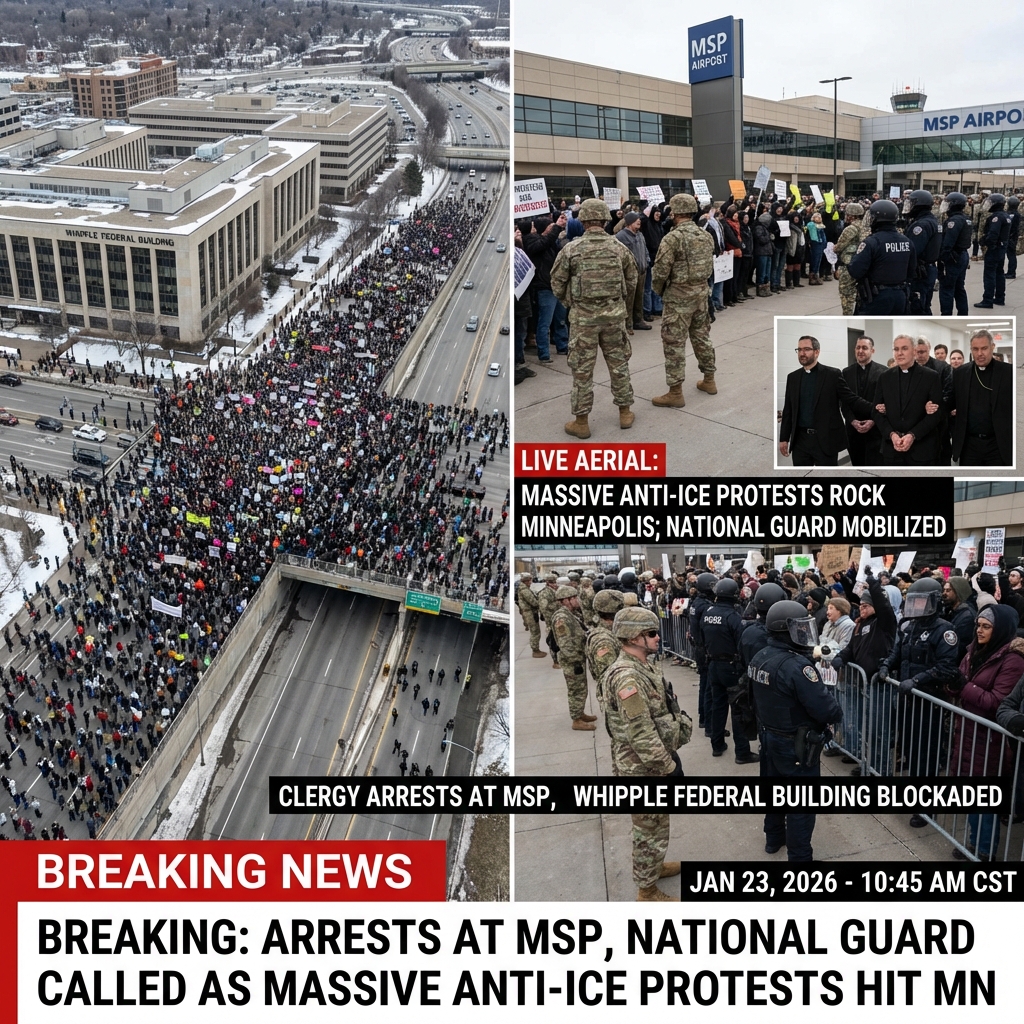 <p>Aerial footage shows a massive anti ICE protest across Minneapolis and Minnesota, part of a Day of Truth and Freedom on January 23, 2026. (<a href="https://www.theguardian.com/us-news/2026/jan/23/minnesota-economic-blackout-ice-protests?utm_source=openai">theguardian.com</a>) Demonstrators, including labor and faith leaders, staged a blackout and rallied at MSP Airport and the Whipple Federal Building after recent federal immigration operations and fatal encounters that inflamed the community. (<a href="https://www.theguardian.com/us-news/2026/jan/23/minnesota-economic-blackout-ice-protests?utm_source=openai">theguardian.com</a>) Clergy arrests were reported at the airport; Hennepin County deputies issued dispersal orders at Whipple after protesters blocked an access road and reportedly threw ice at vehicles. (<a href="https://www.fox9.com/news/ice-minnesota-updates-jan-23-2026?utm_source=openai">fox9.com</a>) Authorities made arrests and the National Guard and federal agencies were mobilized as investigations and legal challenges continue. (<a href="https://apnews.com/article/4d1499fc5962ab880f3816259e04bdbf?utm_source=openai">apnews.com</a>)</p>
