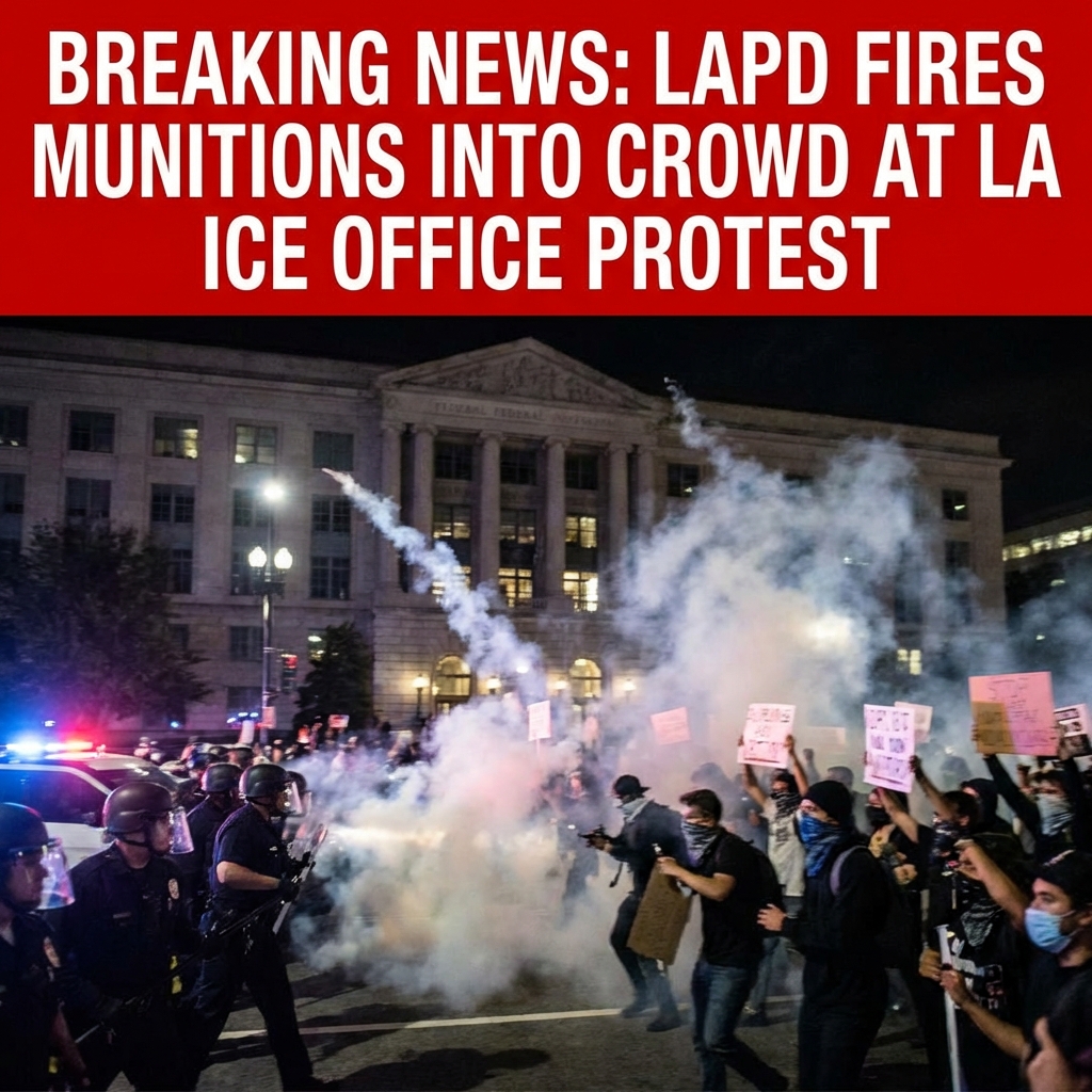 <p>LAPD officers fired crowd‑control munitions, including tear gas, rubber bullets and less‑lethal rounds, into a large crowd outside the ICE office in downtown Los Angeles after declaring an unlawful assembly. Protesters refused dispersal orders and remained near the Edward R. Roybal Federal Building, reportedly throwing projectiles at officers. Police advanced, pushed and corralled demonstrators, making multiple arrests while journalists and bystanders reported injuries. The clashes followed days of anti‑ICE demonstrations tied to federal immigration raids, sparked vehicle fires and freeway blockades, and have drawn scrutiny and legal challenges over the department’s use of less‑lethal weapons and prompted a national debate. (<a href="https://www.latimes.com/00000197-70e6-df7d-a7ff-f3fee6120000-123?utm_source=openai">latimes.com</a>)</p>