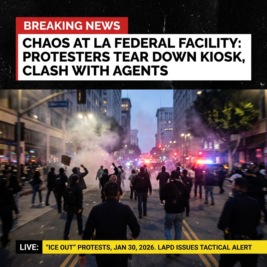 <p>On January 30, 2026, protesters converged in downtown Los Angeles for a national “ICE Out” action; video shared by reporter Anthony Cabassa on X shows a crowd tearing down a security kiosk at a federal detention facility while federal agents fell back, saying they were outnumbered. (<a href="https://www.yahoo.com/news/videos/chaotic-scenes-protesters-destroy-kiosk-042131190.html?utm_source=openai">yahoo.com</a>) NBC and local outlets reported clashes near the Edward R. Roybal/Metropolitan Detention Center, including protesters throwing debris and agents deploying tear gas and pepper balls. (<a href="https://abc7.com/live-updates/live-updates-protesters-clash-officers-during-ice-protest-downtown-la/18511419/entry/18511809/?utm_source=openai">abc7.com</a>) The LAPD declared a citywide tactical alert and issued dispersal orders; authorities made multiple arrests as officers pushed crowds away and secured the area. The situation remains under development. (<a href="https://abc7.com/live-updates/live-updates-protesters-clash-officers-during-ice-protest-downtown-la/18511419/entry/18511809/?utm_source=openai">abc7.com</a>)</p>