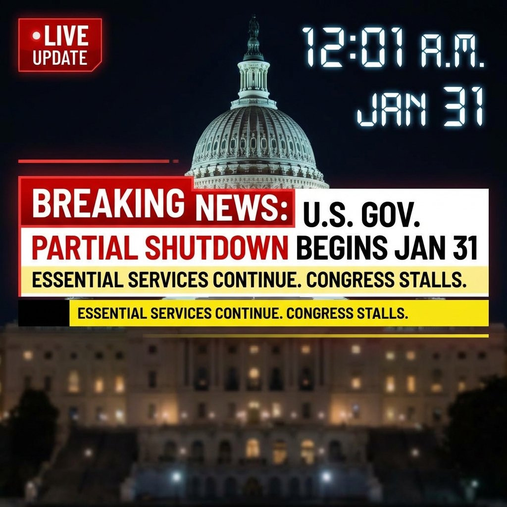 <p>At 12:01 a.m. Eastern on January 31, 2026, the U.S. federal government entered a partial shutdown after Congress failed to enact remaining appropriations, leaving roughly half of federal departments unfunded. The Senate had approved a compromise spending package, but Speaker Mike Johnson delayed a House vote until February 2, creating a funding lapse. The Office of Management and Budget ordered agencies to implement contingency plans; essential services such as national defense, air traffic control, and law enforcement continue, while many nonessential staff face furloughs and paused programs. Negotiations will resume in Congress to restore funding and avert wider disruptions soon. (<a href="https://en.wikipedia.org/wiki/2026_United_States_federal_government_shutdown?utm_source=openai">en.wikipedia.org</a>)</p>