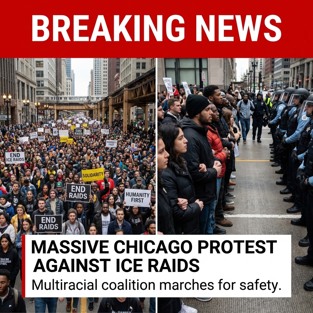 <p>Thousands marched through downtown Chicago to protest Immigration and Customs Enforcement, flooding the Loop with chants and signs and declaring, “We are Black, Brown, White, Asian, together, defending our humanity.” Organizers framed the action as multiracial solidarity against recent ICE raids and federal enforcement tactics, calling for protections for immigrants and community safety. Marchers moved from Federal Plaza through city streets, confronting a heavy police presence; some arrests were reported amid clashes. The demonstration was part of nationwide anti‑ICE actions this week, highlighting grassroots courage, cross‑racial power, and renewed calls to end aggressive deportation operations. Mobilizing communities across the country. (<a href="https://chicago.suntimes.com/immigration/2025/06/10/thousands-rally-downtown-immigration-protests?utm_source=openai">chicago.suntimes.com</a>)</p>