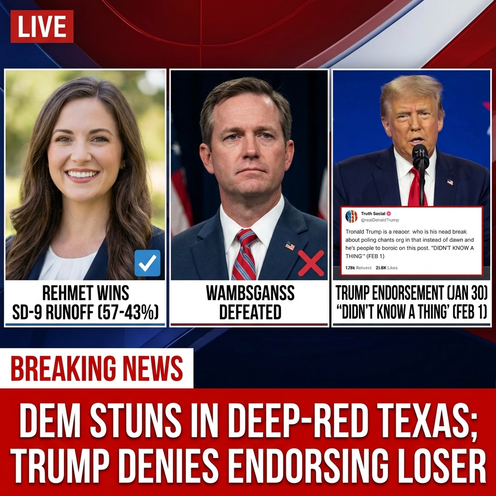 <p>Democrat Taylor Rehmet stunned Texas politics by winning the special runoff for State Senate District 9 on January 31, 2026, defeating Republican Leigh Wambsganss roughly 57 to 43 percent in a district President Trump carried by about 17 points in 2024. (<a href="https://www.texastribune.org/2025/11/04/texas-senate-district-9-special-election-tarrant-county/?utm_source=openai">texastribune.org</a>) Trump had posted a Truth Social endorsement for Wambsganss on January 30, 2026, urging “America First Patriots” to get out and vote for her. (<a href="https://www.thedailybeast.com/republicans-panic-after-dem-wins-in-deep-red-district/?utm_source=openai">thedailybeast.com</a>) Yet on February 1 at Mar‑a‑Lago he told reporters he “didn’t know a thing” about the race and claimed no involvement, prompting critics to accuse him of dissembling or to suggest evidence of cognitive decline. (<a href="https://www.thedailybeast.com/trump-79-claims-no-memory-of-part-in-humiliating-texas-gop-defeat//?utm_source=openai">thedailybeast.com</a>)</p>