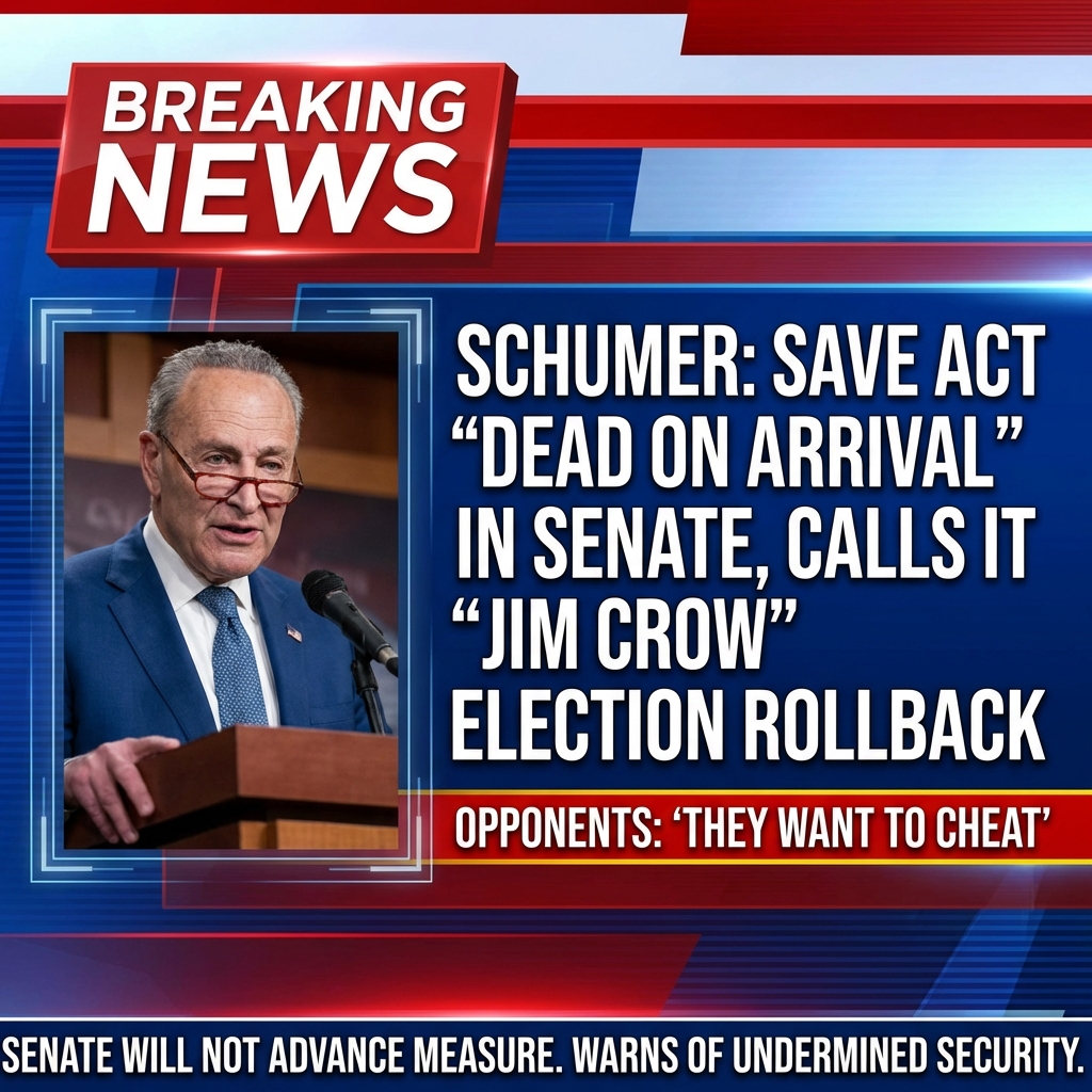 Senator Chuck Schumer declared that secure elections would be “dead on arrival” if the SAVE Act reached the Senate, saying, “I have said it before and I’ll say it again, the SAVE Act would impose Jim Crow type laws to the entire country and is dead on arrival in the Senate.” He framed the bill as a nationwide rollback of voting rights and warned its passage would undermine election security. Schumer’s remarks, released as breaking news, sharply criticize the legislation and echo accusations—voiced by opponents in caps—that “they want to cheat,” while signaling the Senate will not advance the measure.