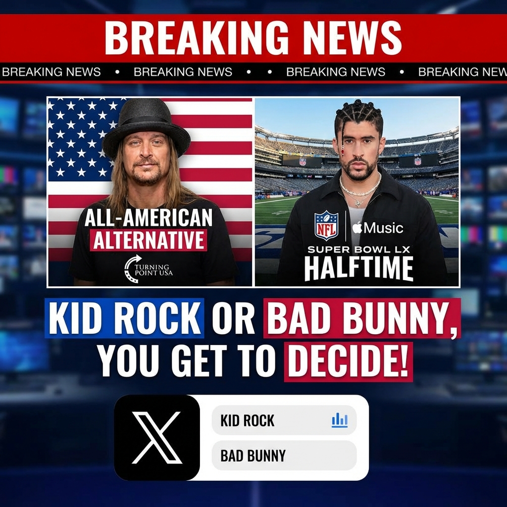 <p>X users debate a showdown between Kid Rock and Bad Bunny after the NFL tapped Bad Bunny to headline the Apple Music Super Bowl LX halftime show February 8, 2026, at Levi’s Stadium in Santa Clara. Conservative Turning Point USA announced an alternative All‑American halftime broadcast featuring Kid Rock and country acts, intensifying partisan backlash and online polls asking viewers to choose. The controversy includes viral claims and fact‑checks disputing alleged Kid Rock comments, while the NFL has defended its selection. Posts like the RT by @GuntherEagleman—”Kid Rock or Bad Bunny, you get to decide!” have widely amplified the debate. (<a href="https://www.nfl.com/news/bad-bunny-to-perform-at-apple-music-super-bowl-lx-halftime-show/?utm_source=openai">nfl.com</a>)</p>