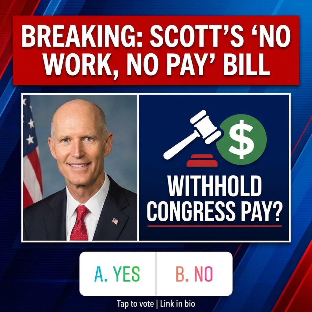 Breaking: Sen. Rick Scott introduced a bill to withhold congressional pay during federal government shutdowns, arguing “No work. No pay. Period.” The proposal would suspend salaries for members of Congress while appropriations lapse, a punitive measure Scott says ensures accountability: “If they can’t do their jobs, they shouldn’t collect a dime.” The campaign-style post asks followers to weigh in with a two-option poll—A. HUGE YES or B. No—and links to an image. Supporters praise the hard line; critics warn it could worsen shutdown dynamics or raise constitutional and logistical questions. The bill’s prospects and legislative details remain to be seen.