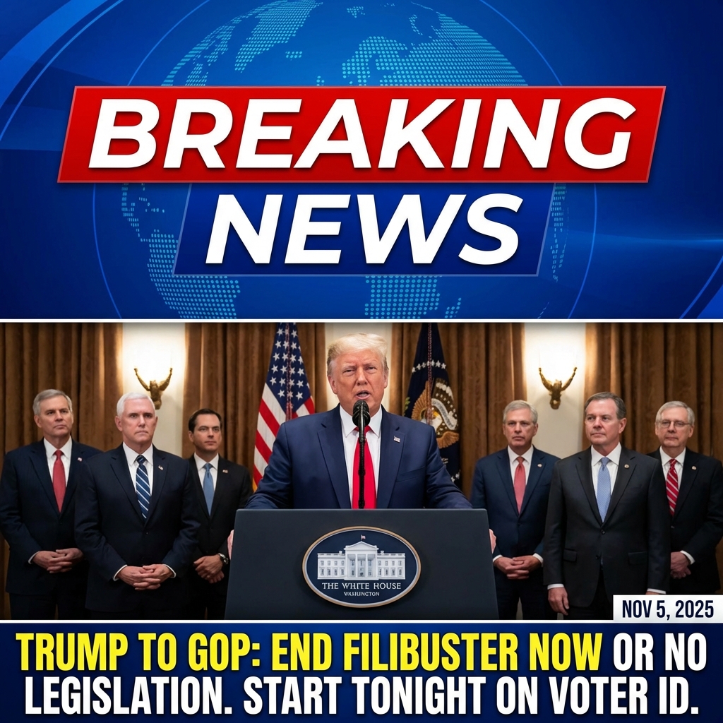 <p>President Trump told Republican senators at a White House breakfast on November 5, 2025, they must terminate the Senate filibuster or “we won’t pass any legislation” for more than three years. He urged immediate action—“start tonight”—to reopen the government and push swift measures including mandatory voter ID and bans on mail‑in voting to “make our elections secure.” Trump accused Democrats of opposing ID to enable cheating, cited problems in states like California, and said such voting changes could pass quickly if Republicans abandon the filibuster. The remarks came amid an ongoing funding standoff and post‑election tensions and drew swift criticism. (<a href="https://www.presidency.ucsb.edu/documents/remarks-breakfast-with-republican-senators?utm_source=openai">presidency.ucsb.edu</a>)</p>