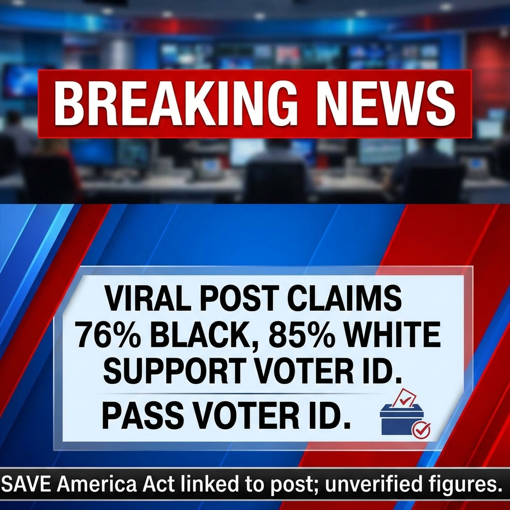 Breaking news: A viral post claims a stunning blow to Democrats, reporting that 76% of Black Americans support a nationwide voter ID law, and that 85% of white voters and 82% of Latino voters back it. The post ties these figures to the SAVE America Act and urges passage of voter ID, framing the results as a refutation of left-wing narratives. The message is promotional, demanding “Pass voter ID” and sharing an image link. The claim’s source and methodology aren’t specified in the post; independent verification would be needed to confirm the percentages and sampling behind these numbers and context.