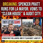 <p>Spencer Pratt, the reality-TV star from The Hills, filed to run for Los Angeles mayor after losing his Pacific Palisades home in last year’s deadly wildfire. Announcing his bid at a “They Let Us Burn!” rally on Jan. 7, 2026, Pratt vowed to “expose the system,” targeting Mayor Karen Bass and promising a tough platform: force Bass from office, audit billions in homelessness spending for fraud, open the city’s books with a full government audit, and launch a surge crackdown on violent crime. Pratt says fires, homelessness, crime and corruption have left Los Angeles bleeding and pledged to clean house. (<a href="https://apnews.com/article/abd94ee1a9fd9c2b41efa2008bcc5ea9?utm_source=openai">apnews.com</a>)</p>