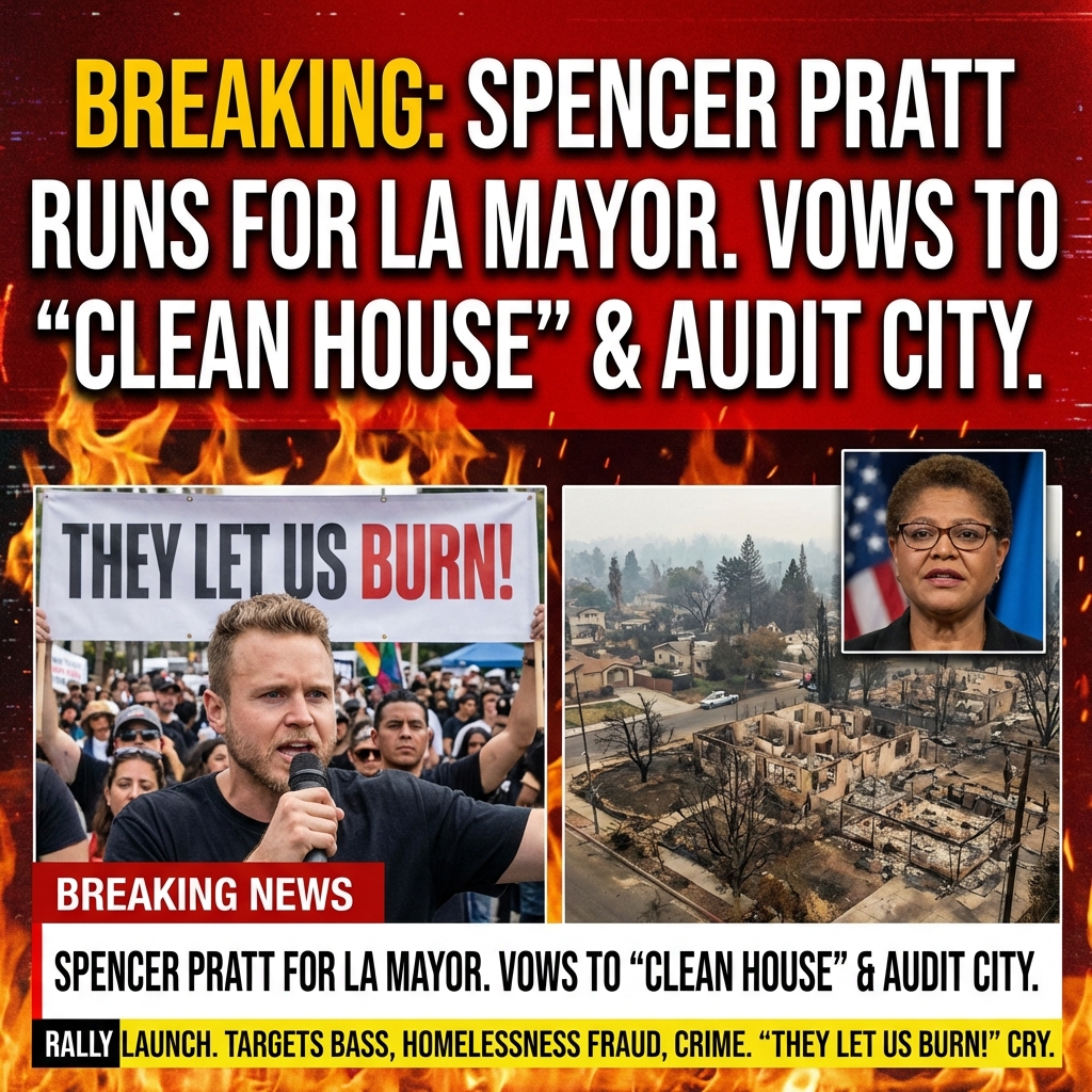 <p>Spencer Pratt, the reality-TV star from The Hills, filed to run for Los Angeles mayor after losing his Pacific Palisades home in last year’s deadly wildfire. Announcing his bid at a “They Let Us Burn!” rally on Jan. 7, 2026, Pratt vowed to “expose the system,” targeting Mayor Karen Bass and promising a tough platform: force Bass from office, audit billions in homelessness spending for fraud, open the city’s books with a full government audit, and launch a surge crackdown on violent crime. Pratt says fires, homelessness, crime and corruption have left Los Angeles bleeding and pledged to clean house. (<a href="https://apnews.com/article/abd94ee1a9fd9c2b41efa2008bcc5ea9?utm_source=openai">apnews.com</a>)</p>