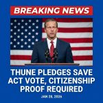 <p>Senate Majority Leader John Thune said at a Republican leadership press conference on January 28, 2026, he won’t back efforts that “undermine law enforcement’s ability to do their job” while discussing DHS and election proposals. (<a href="https://twstalker.com/smitty4236/status/2018813328030888144?utm_source=openai">twstalker.com</a>) Thune said he will schedule a Senate vote on the SAVE Act and supports a revised bill requiring documentary proof of citizenship for registration and photo identification for ballots. (<a href="https://www.democracydocket.com/news-alerts/gop-senate-leader-save-act-vote-coming-im-for-it/?utm_source=openai">democracydocket.com</a>) The bill is being amended and hasn’t cleared committee; passage faces filibuster hurdles needing 60 votes. (<a href="https://www.democracydocket.com/news-alerts/gop-senate-leader-save-act-vote-coming-im-for-it/?utm_source=openai">democracydocket.com</a>) Supporters Sen. Mike Lee and Sen. Rick Scott praised the pledge, while Democrats and voting-rights groups warned it could suppress turnout. (<a href="https://www.dailysignal.com/2026/01/29/huge-deal-thune-pledges-election-security-vote-in-senate/?utm_source=openai">dailysignal.com</a>)</p>