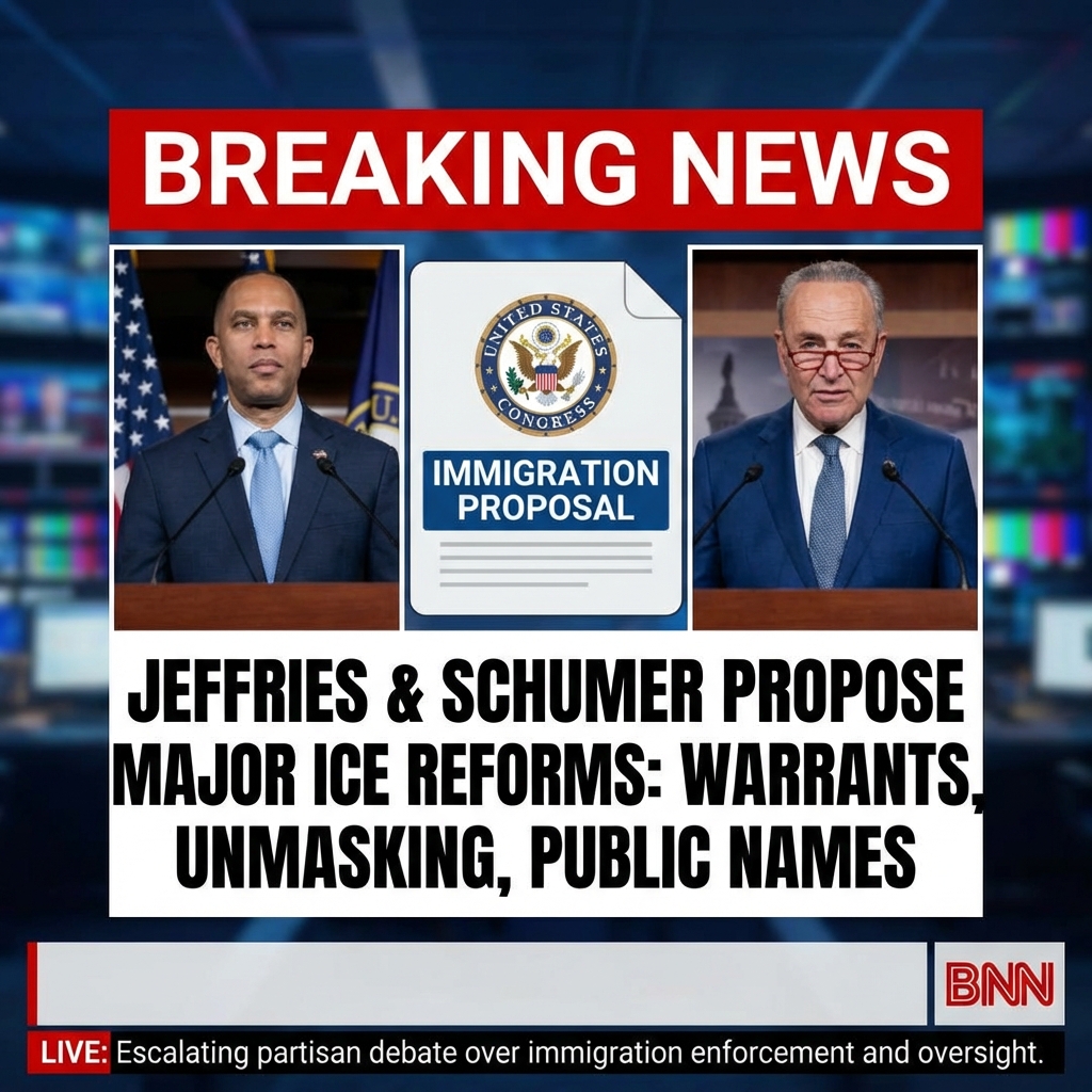 Hakeem Jeffries and Senate Majority Leader Chuck Schumer have released core demands regarding U.S. Immigration and Customs Enforcement (ICE). Their proposal would require judicial warrants for enforcement actions involving more than 20 million undocumented immigrants, mandate unmasking of undercover agents, and compel ICE to publicly disclose agents’ names. Supporters say the measures would increase oversight and protect civil liberties; critics call them unworkable and dangerous to officer safety. The announcement escalates partisan debate over immigration enforcement and oversight, setting up a likely showdown with GOP lawmakers who oppose the proposals. Both leaders say details will be released alongside legal analysis.
