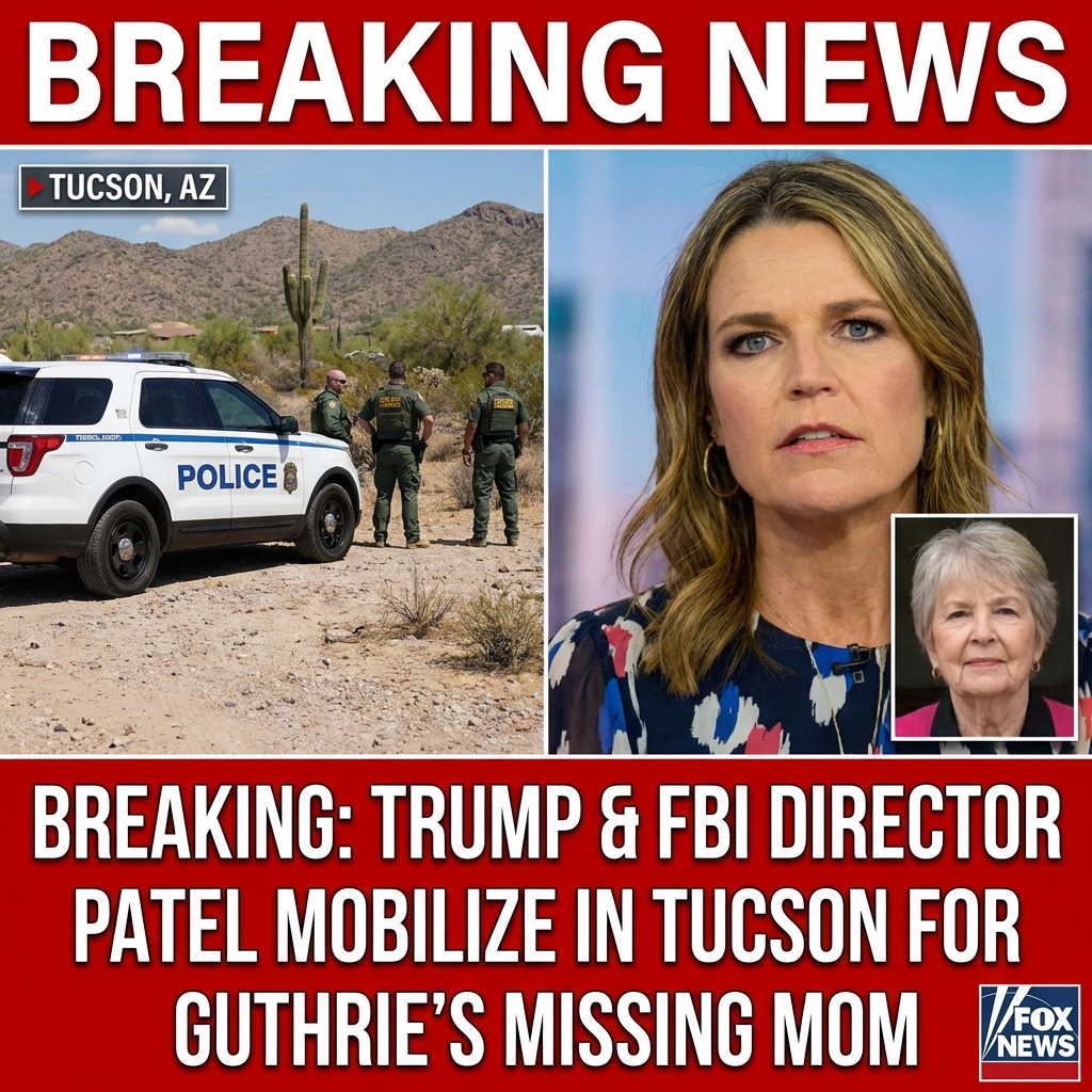 <p>FBI Director Kash Patel is preparing to travel to Tucson as President Trump mobilizes federal law‑enforcement resources to assist the search for Nancy Guthrie, the 84‑year‑old mother of NBC “Today” co‑host Savannah Guthrie. Nancy was reported missing after failing to appear at church; investigators are treating her disappearance as a possible abduction from her Catalina Foothills home, citing signs of forced entry, blood at the scene and a missing Ring camera. The Pima County Sheriff’s Department, aided by the FBI, has not identified suspects; Savannah Guthrie has paused work and asked for public prayers as authorities pursue leads. Authorities remain hopeful. (<a href="https://www.axios.com/2026/02/05/savannah-guthrie-mom-trump-fbi-kash-patel?utm_source=openai">axios.com</a>)</p>