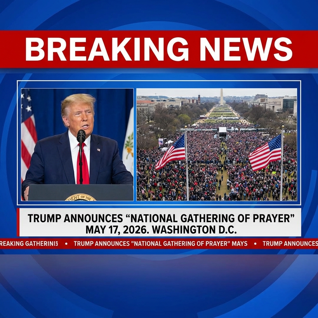 President Donald J. Trump announced a National Gathering of Prayer to be held on the National Mall in Washington, D.C., on May 17, 2026. He invited Americans nationwide to “come to the National Mall and pray,” saying the event will “re-dedicate America as one nation under God.” Trump framed the gathering as a reaffirmation of the country’s Christian heritage, declaring “America is a Christian nation.” Organizers say the rally aims to unite faith communities and supporters for collective prayer and patriotic ceremony; critics warn about church-state separation concerns. Attendance, security plans, and endorsements were not detailed in the announcement publicly.